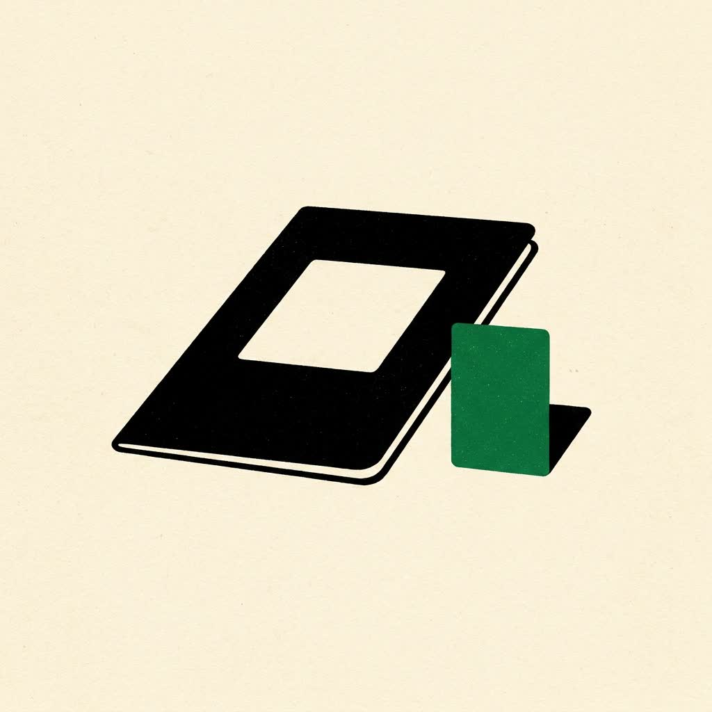 A closed passport with a blank rectangle where a sticker sat, beside a small green card