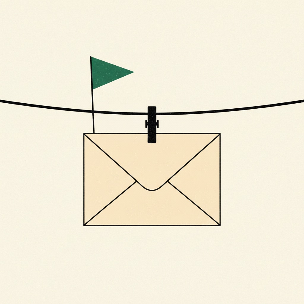 An envelope pegged to a wire with a small green flag raised