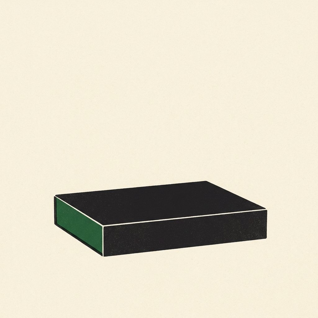 A closed dark box with a plain lid and one green edge, alone on a cream ground