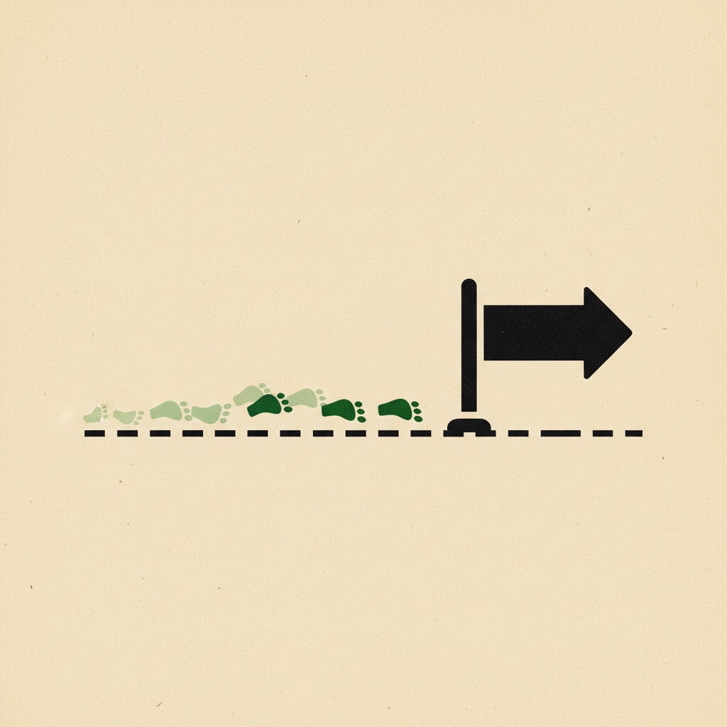 A signpost arrow moved along a dotted line, footprints marking its previous positions