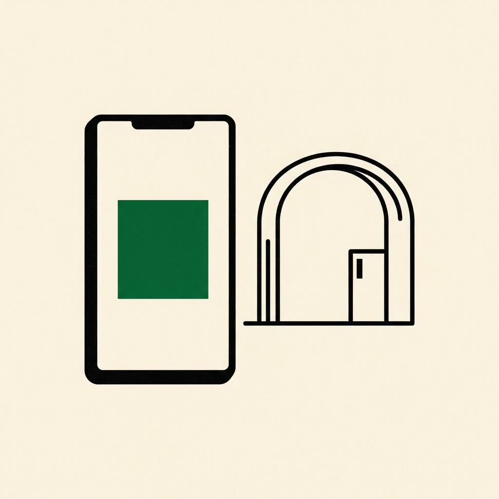 A simple phone showing one green square, standing beside a small airport gate arch
