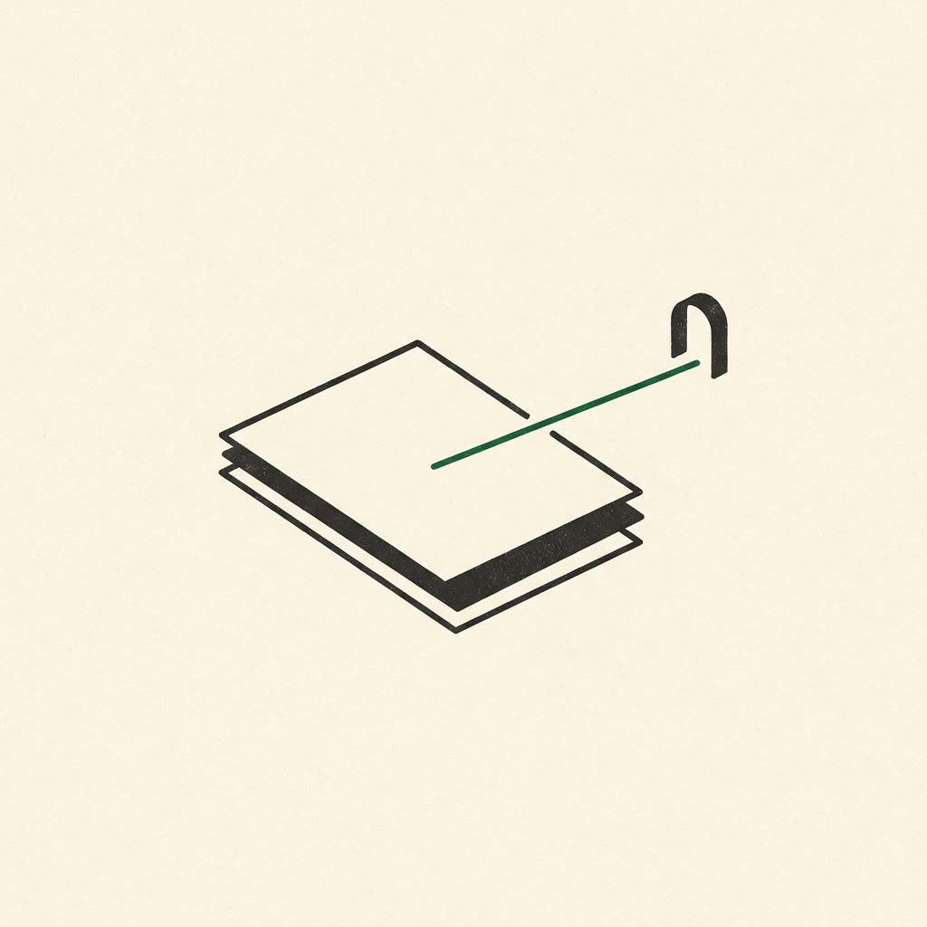Two flat document cards overlapping into one stack, with a thin green line to a small airport gate