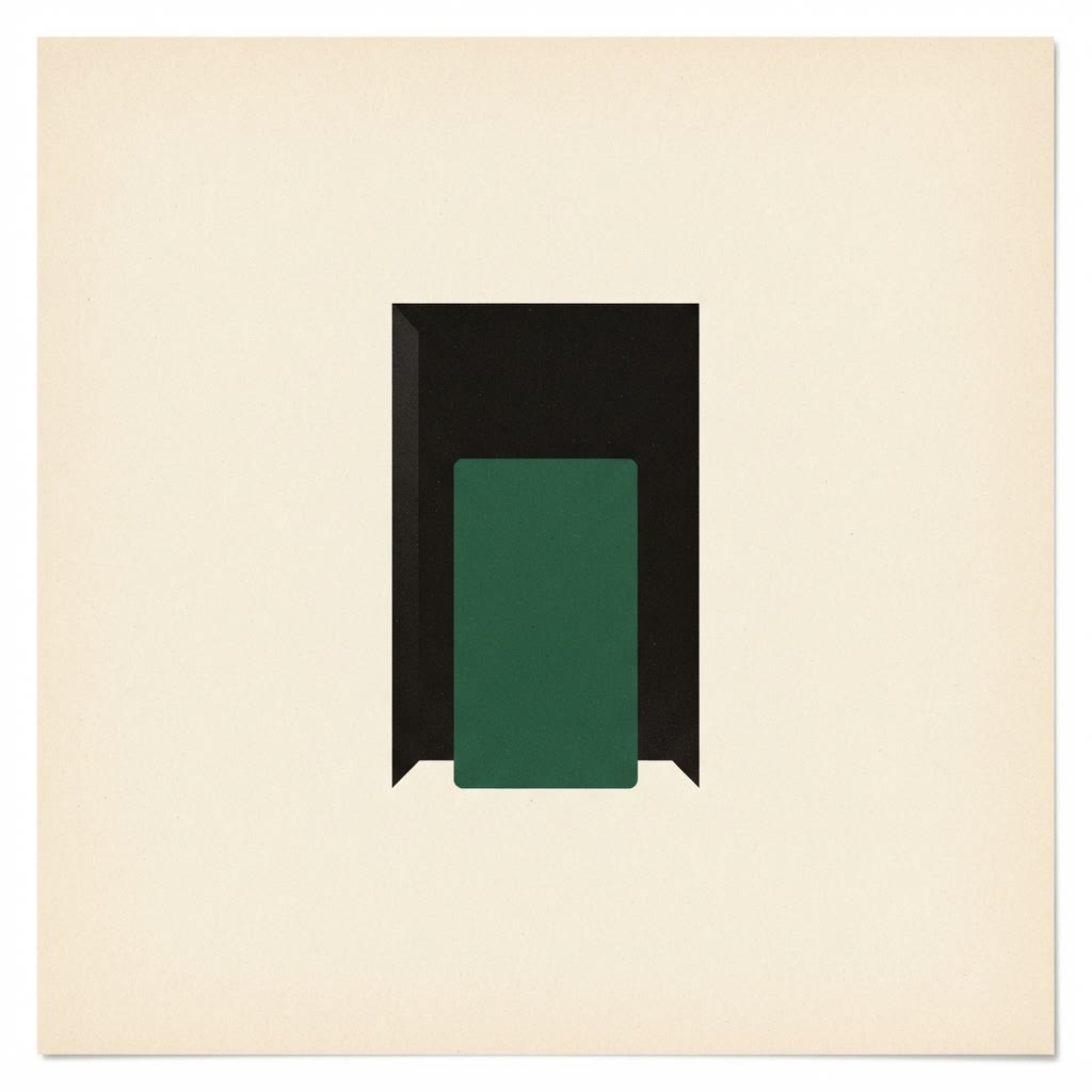 A dark rectangular doorway blocked by one upright green card