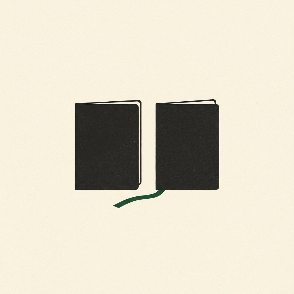 Two closed passport booklets standing side by side with a green ribbon between them