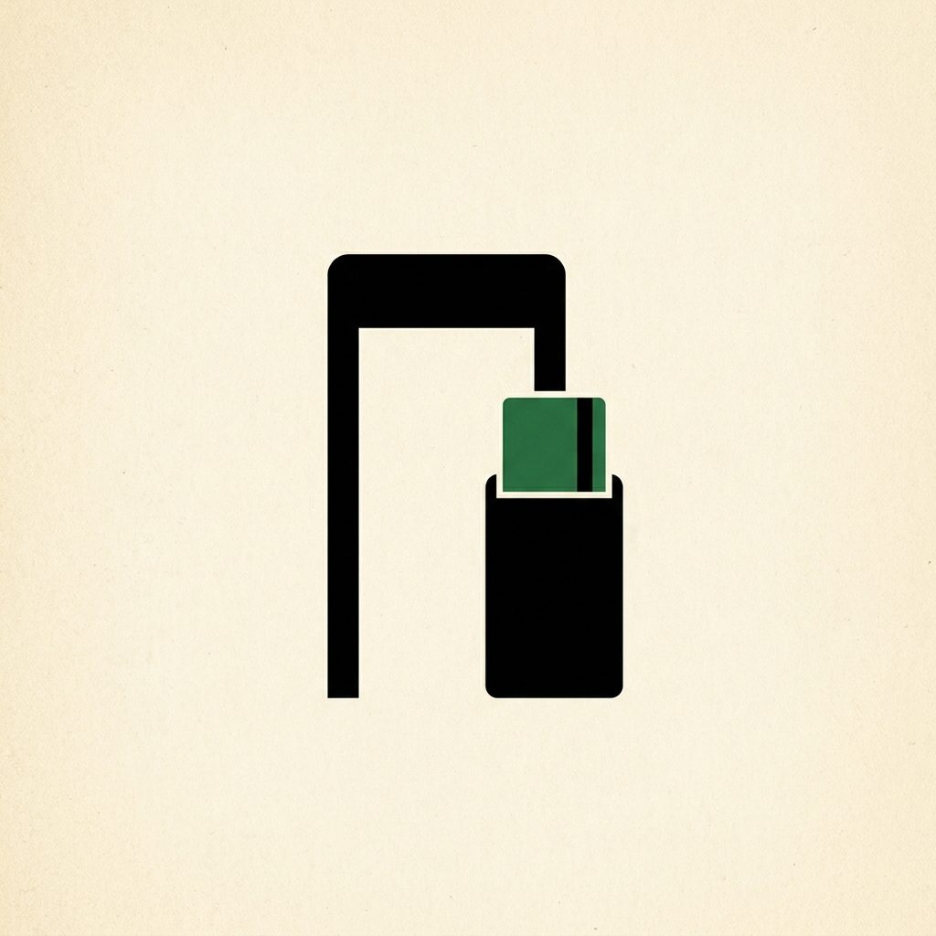 A flat airport arch with a phone and a green card sliding out of it