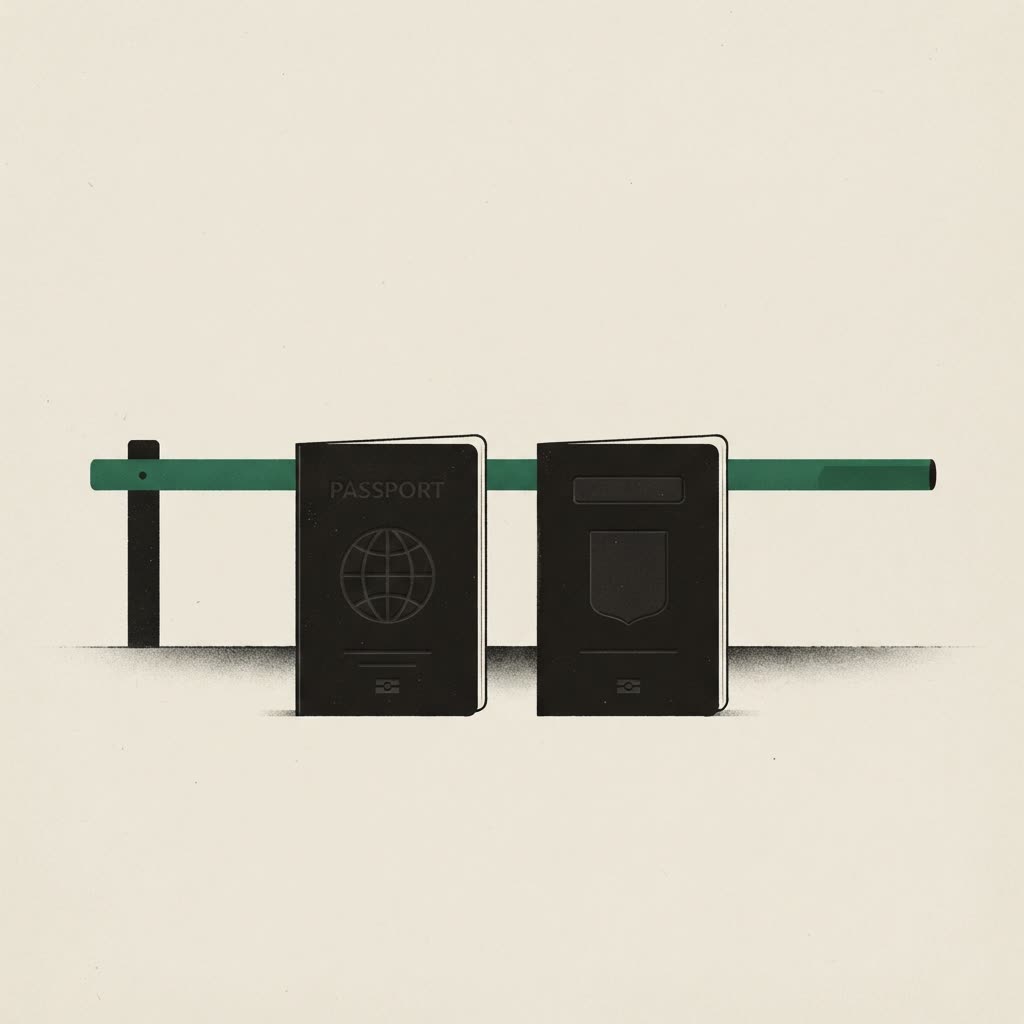 Two closed passports in front of a lowered gate bar