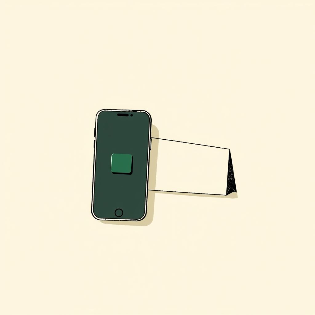 A phone outline with a green chip mark beside a paper arrival card
