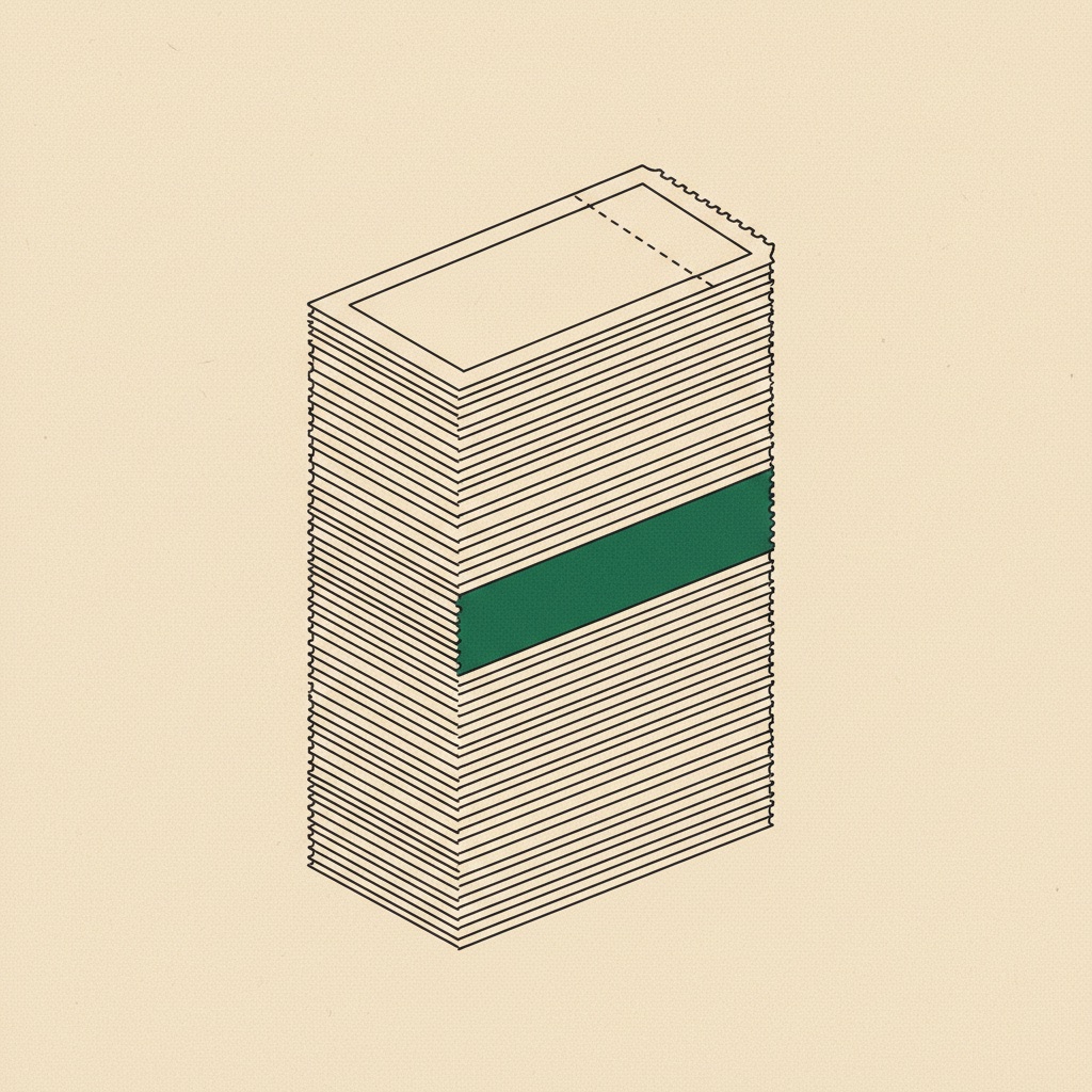 A stack of paper tickets with one green ticket in the pile