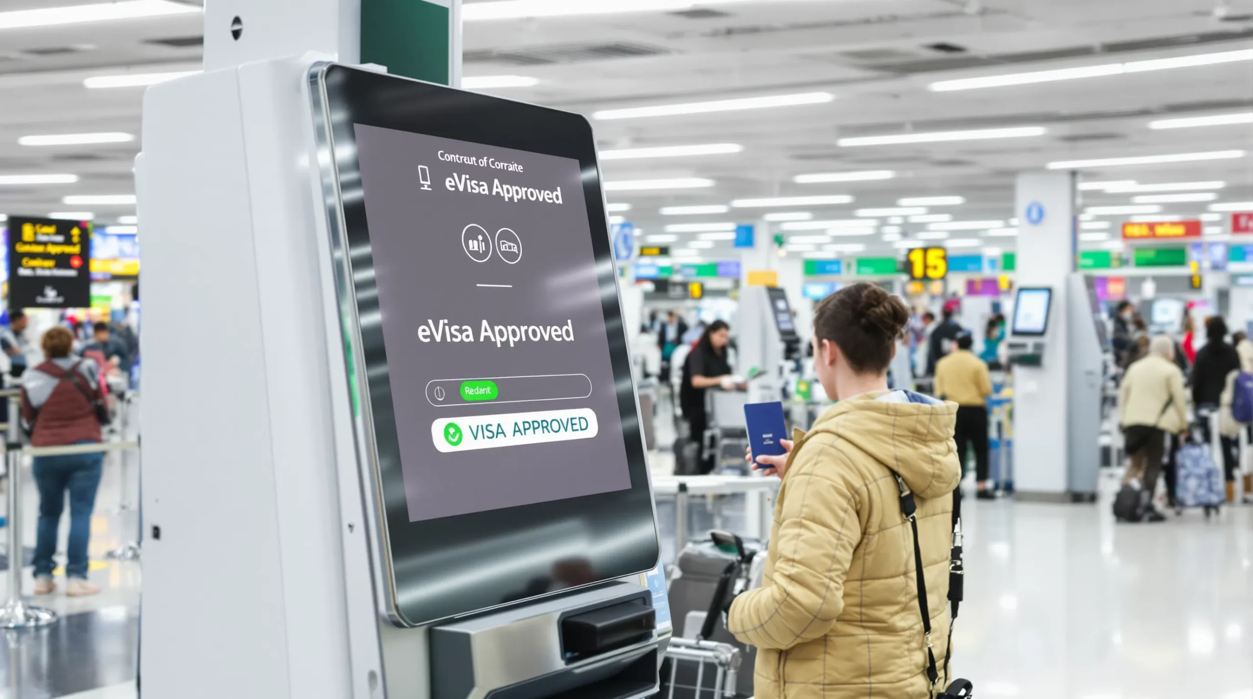 A bustling airport check-in area where travelers use self-service kiosks. On a kiosk screen, an airline passenger scans their passport, and a green confirmation icon next to the words “eVisa Approved” appears. Ground staff observe reduced lines at traditional counters.