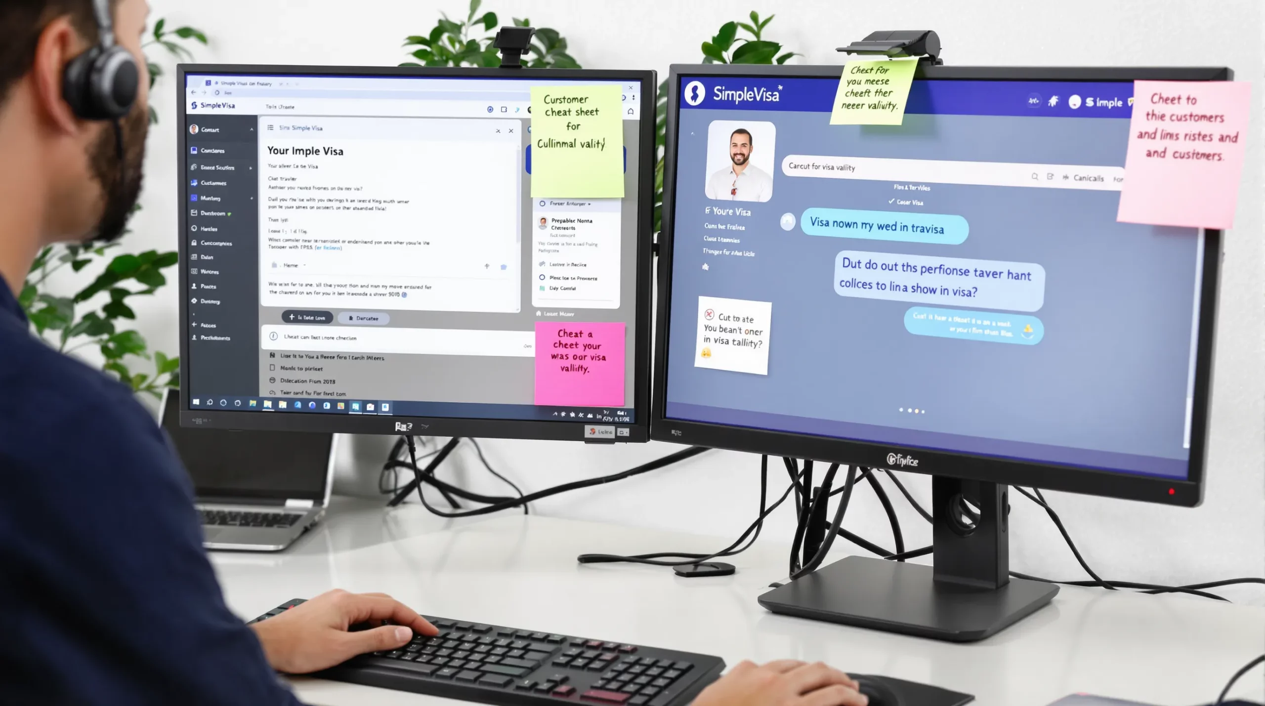 A customer support agent sits at a modern workstation with dual monitors. One screen displays a SimpleVisa dashboard showing a traveller’s eVisa status; the other shows a chat window with a customer greeting. Sticky-note cheat sheets about visa validity hang on the monitor frame.
