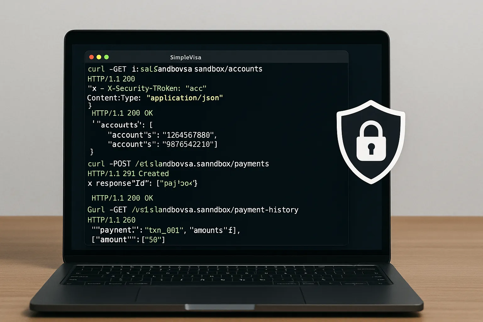 A developer laptop showing terminal requests to the SimpleVisa sandbox API, with a shield icon representing secure authentication.