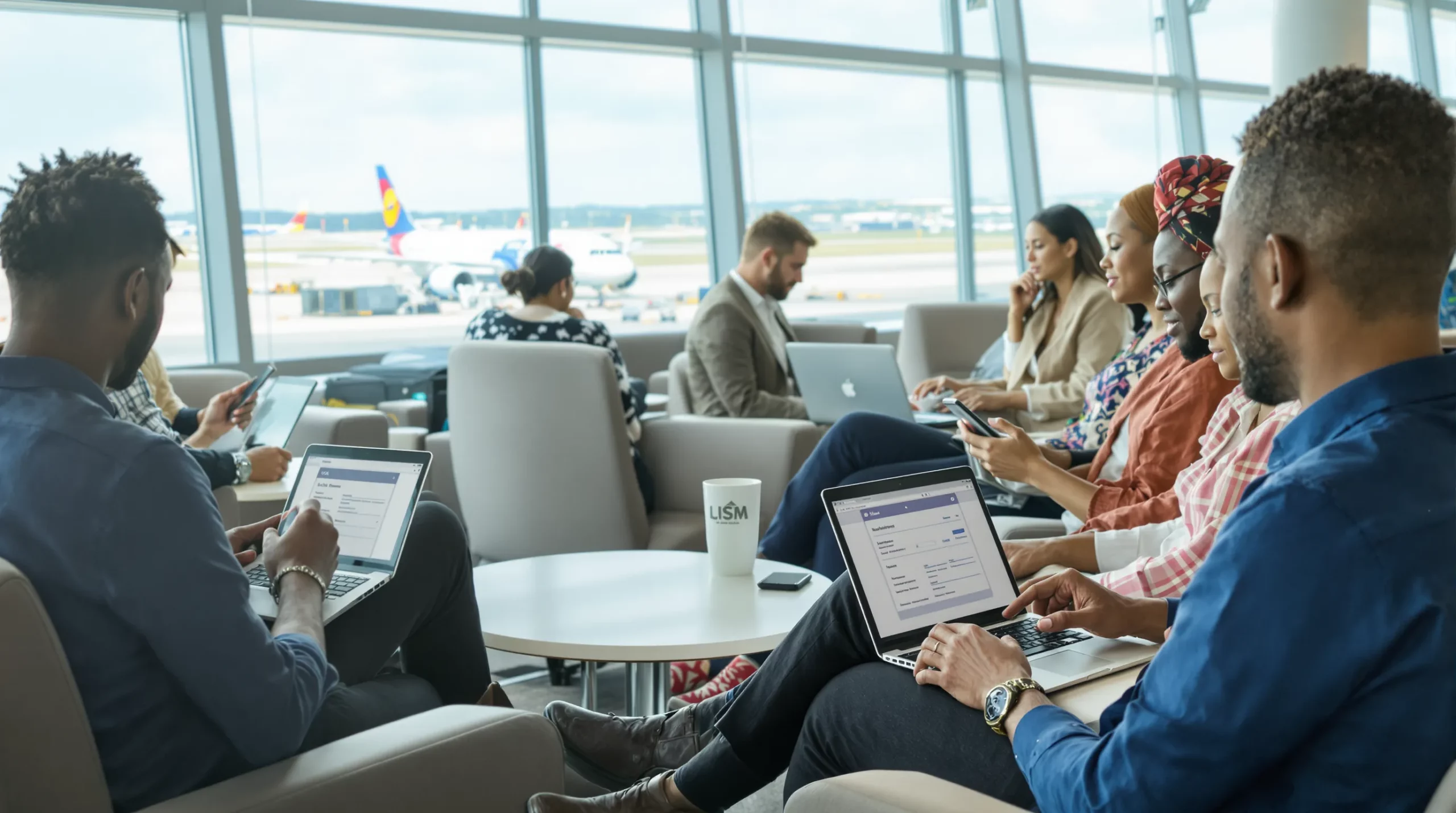 A diverse group of travelers using laptops and smartphones inside a bright airport lounge, filling out an electronic visa application while planes taxi outside large windows.