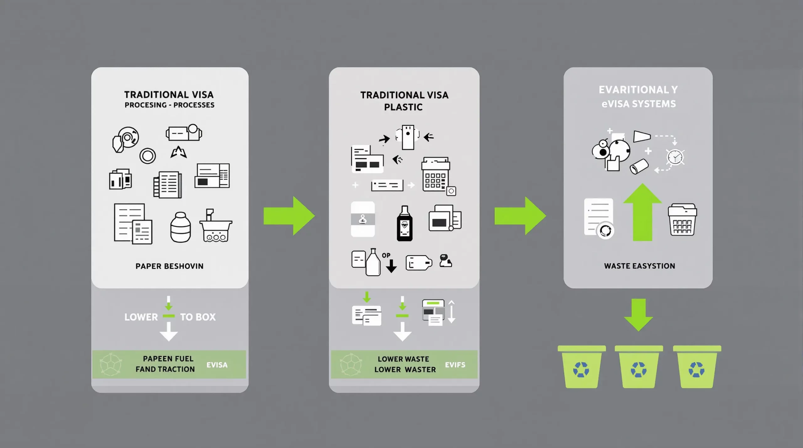 A flow diagram showing reduced resource inputs (paper, fuel, plastic) when moving from traditional visa processing to eVisa systems, with green arrows pointing to lower waste bins.