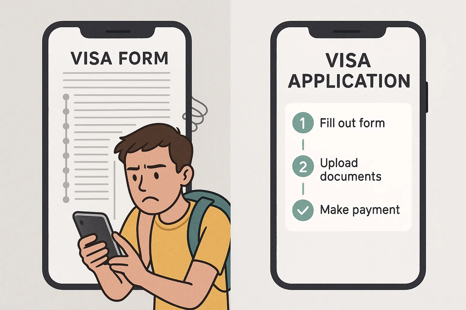 A frustrated traveler on a smartphone staring at an endless visa form timeline, contrasted with a second panel showing a clean, mobile-first three-step visa flow with green checkmarks.