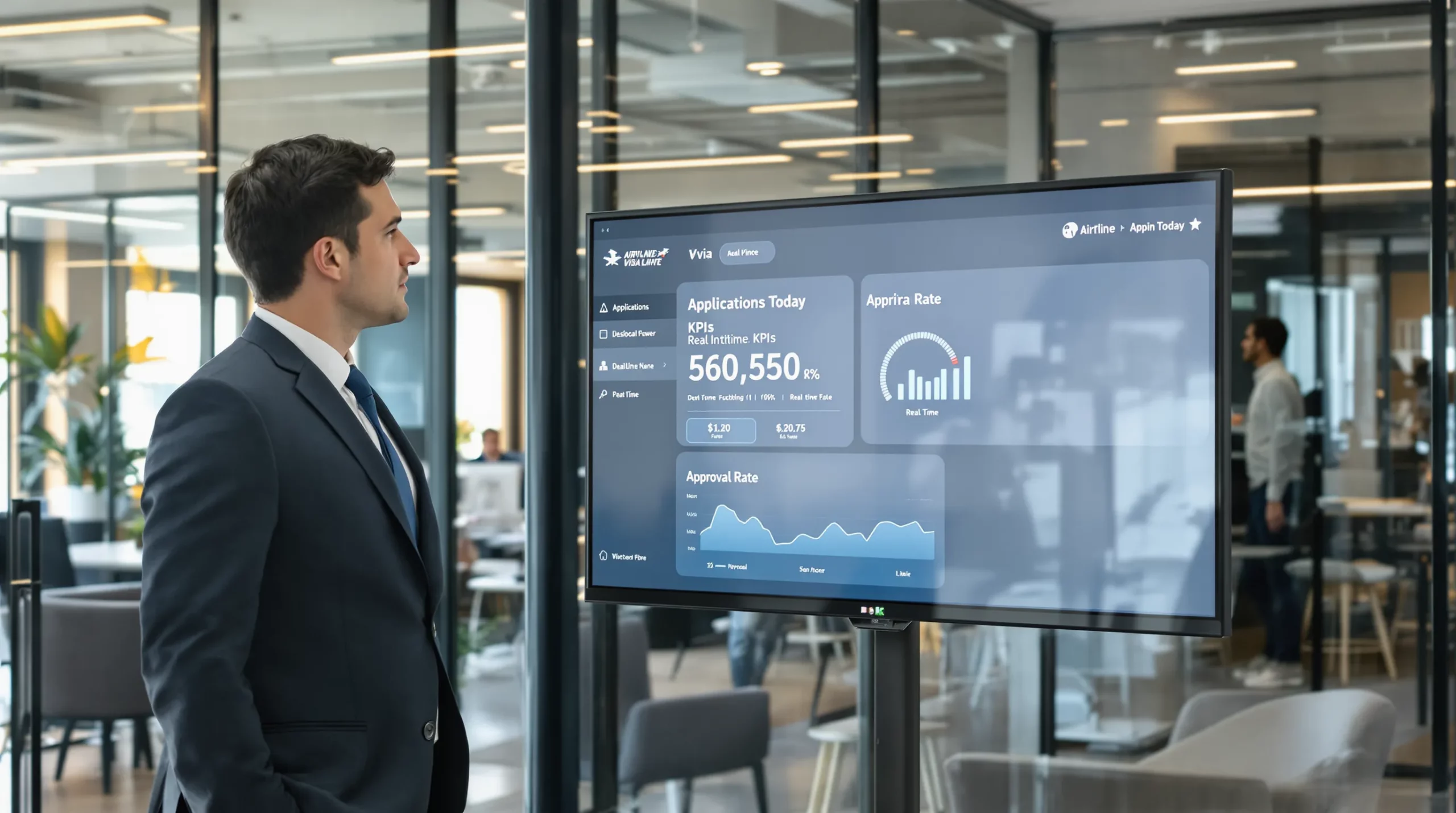 A project manager and a developer looking at a large screen in an office room, where a white-label visa application dashboard branded with an airline logo displays real-time KPIs like 