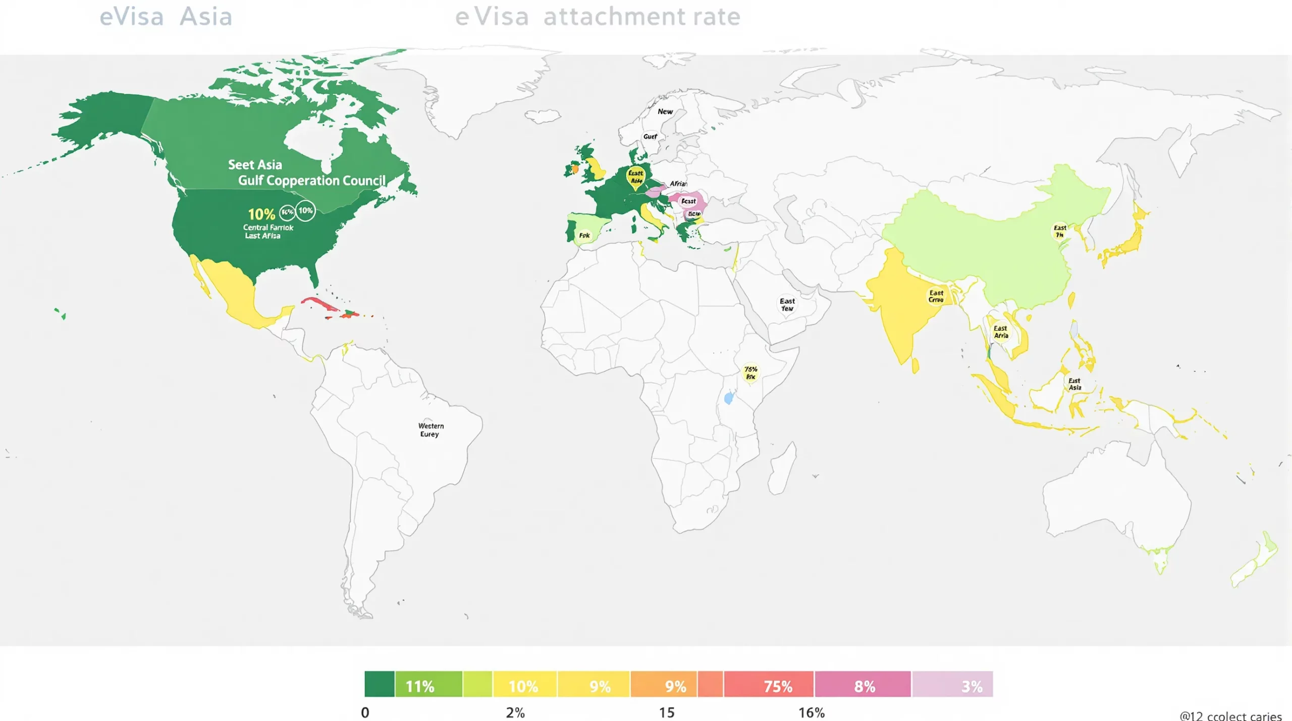 A simplified world map with regions colour-coded by eVisa attach rate: Southeast Asia deep green (12 %), GCC green (10 %), East Africa light green (9 %), Central Asia yellow (8 %), Western Europe pale grey (3 %). A legend explains the colour scale from 2 % to 12 %.