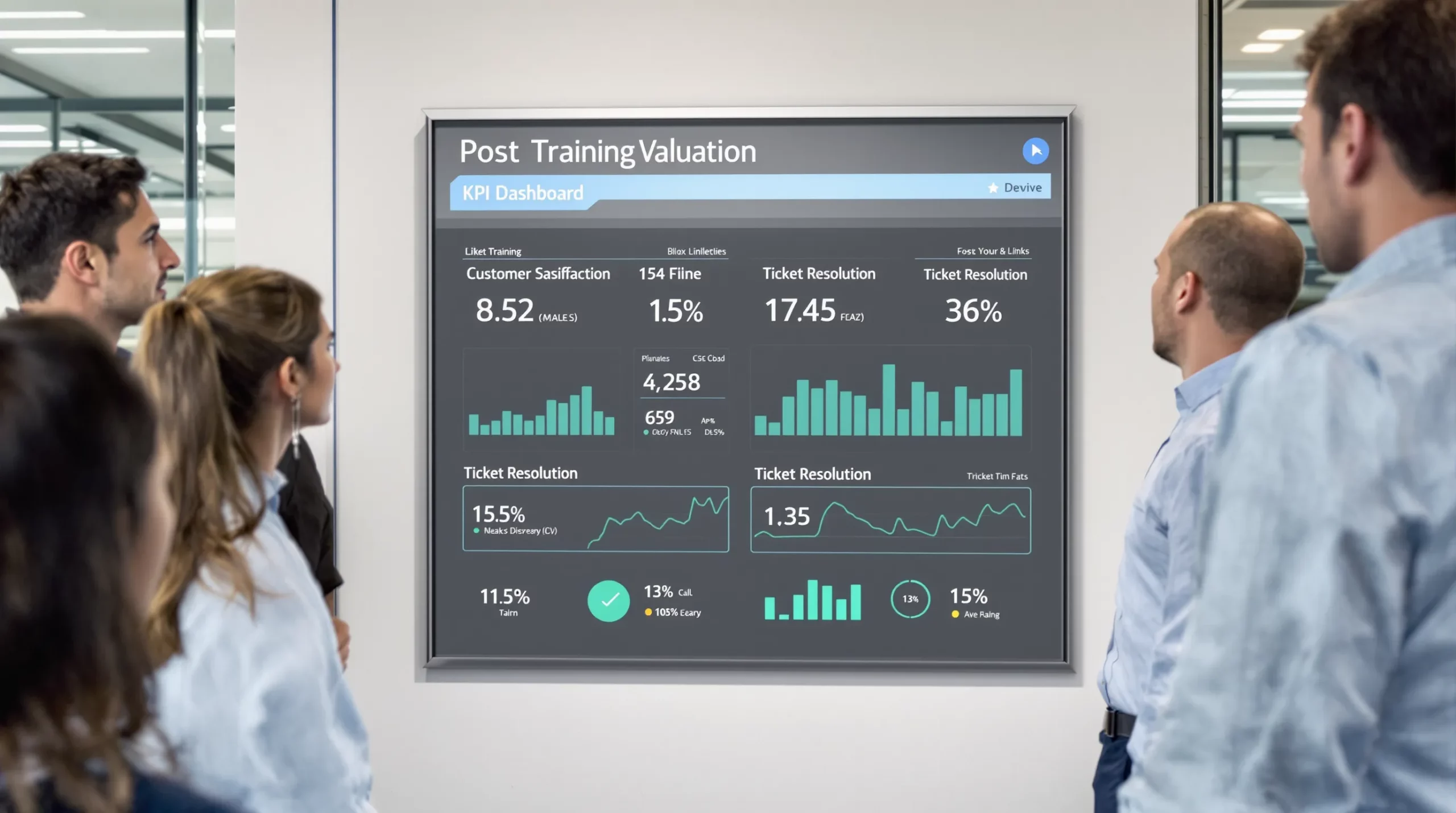 A small team gathered around a wall-mounted KPI dashboard displaying customer satisfaction and ticket resolution metrics after the first week of eVisa training.