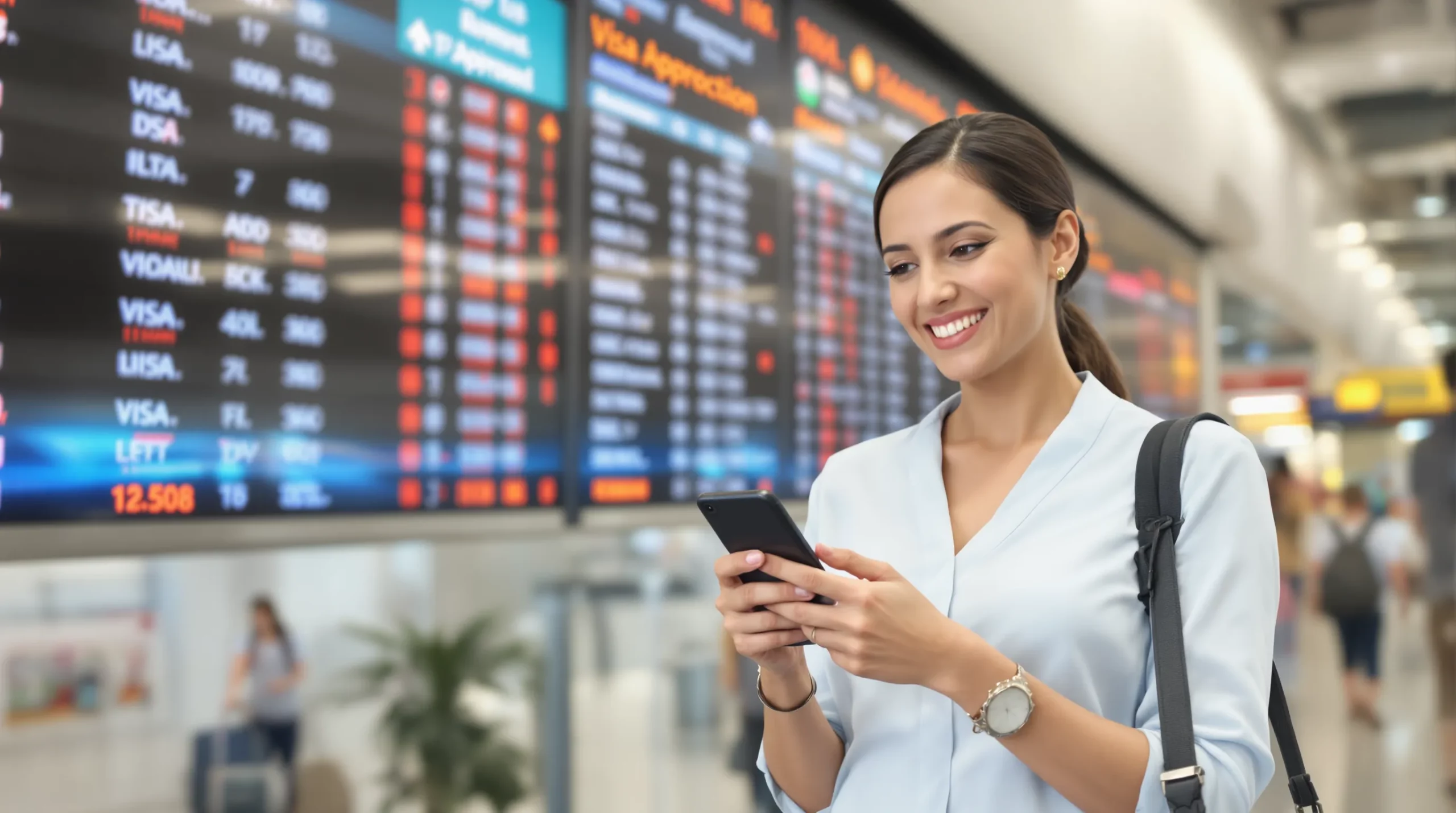 A smiling traveler in front of an airport departures board checks a digital visa approval notification on her smartphone, brand colors teal and white subtly visible on the app interface.