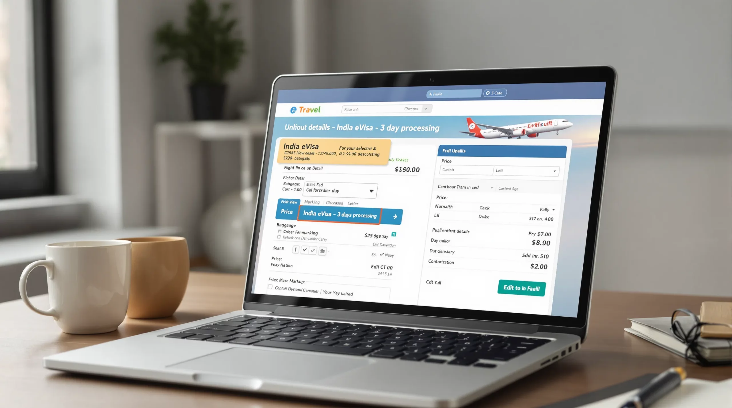 A travel website checkout page on a laptop showing flight details with an embedded upsell for 