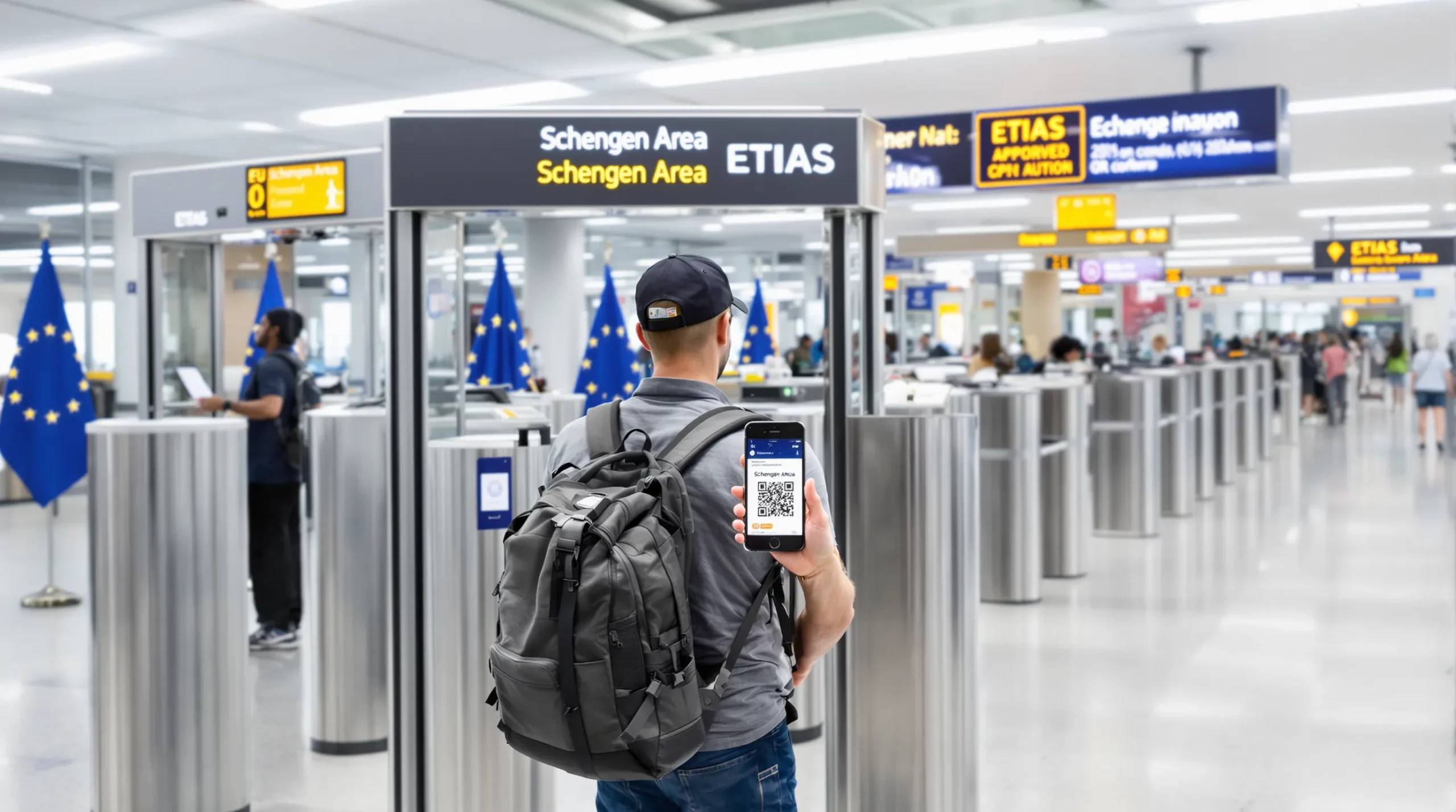 A traveller holding a smartphone showing an approved ETIAS authorization QR code while queuing at an automated border gate marked “Schengen Area”. The setting is a bright, modern airport terminal with EU flags in the background.