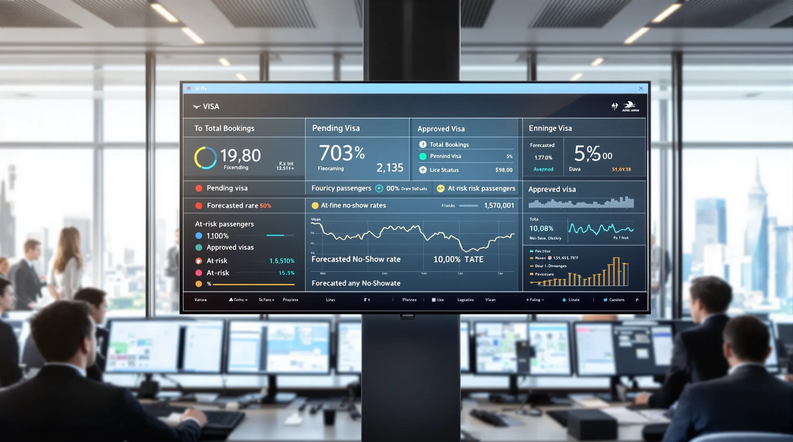 Airline operations dashboard displaying real-time visa status metrics: total bookings, pending visas, approved visas, at-risk passengers, and forecasted no-show rate.
