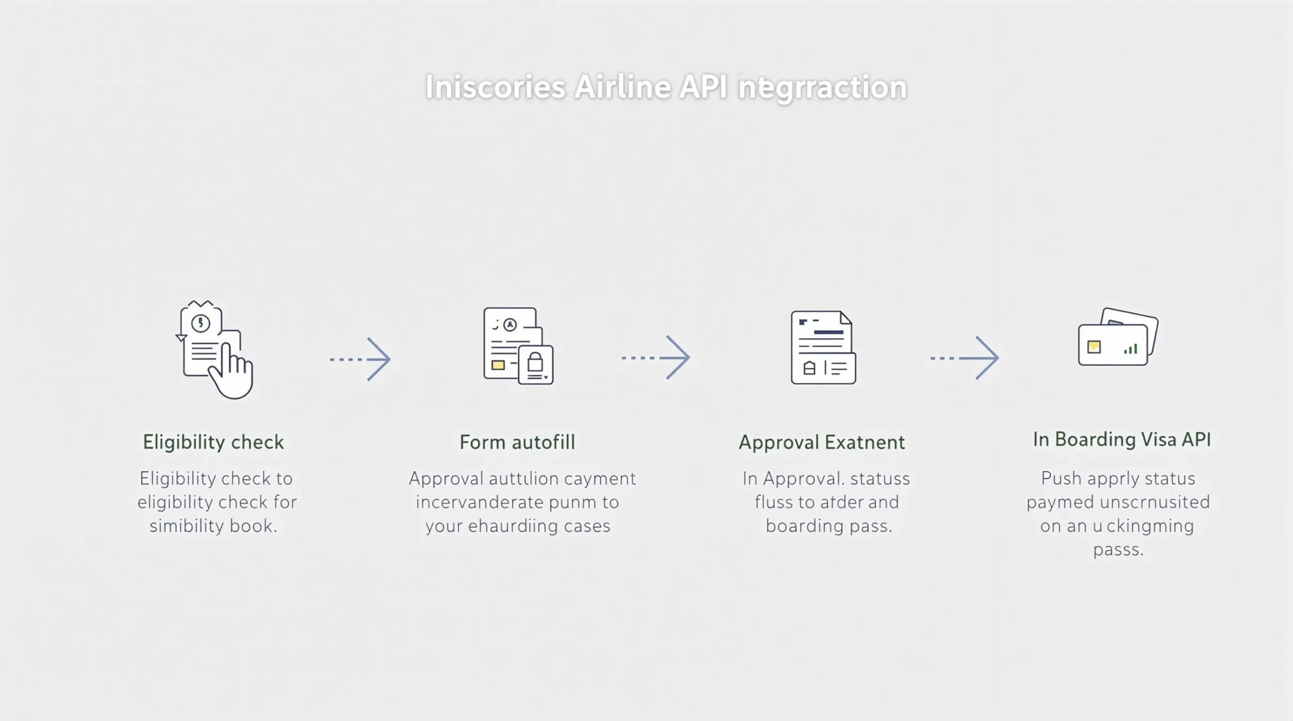 Diagram of an airline booking flow showing SimpleVisa API integration: eligibility check, form autofill, payment, approval status push to boarding pass.