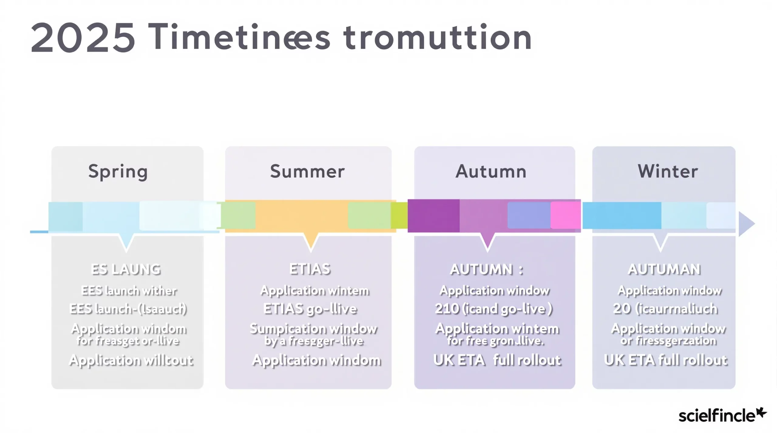Horizontal timeline showing 2025 milestones: Spring – EES launch, Summer – ETIAS go-live, Autumn – UK ETA full rollout. Color-coded bars illustrate application windows.