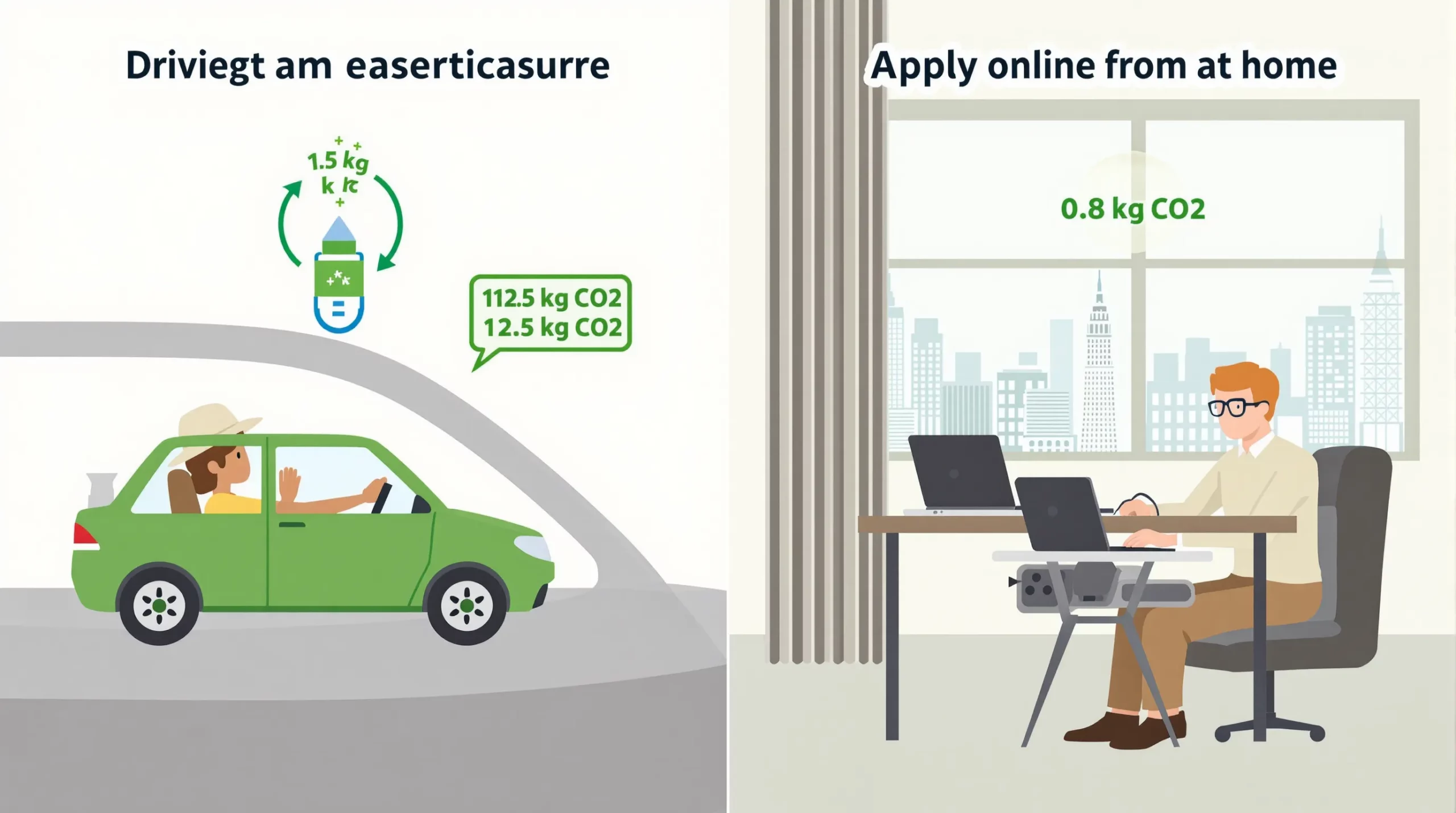 Illustration comparing the carbon footprint of a traveler driving to an embassy versus applying online from a laptop at home, with emissions icons and numerical examples shown side by side.