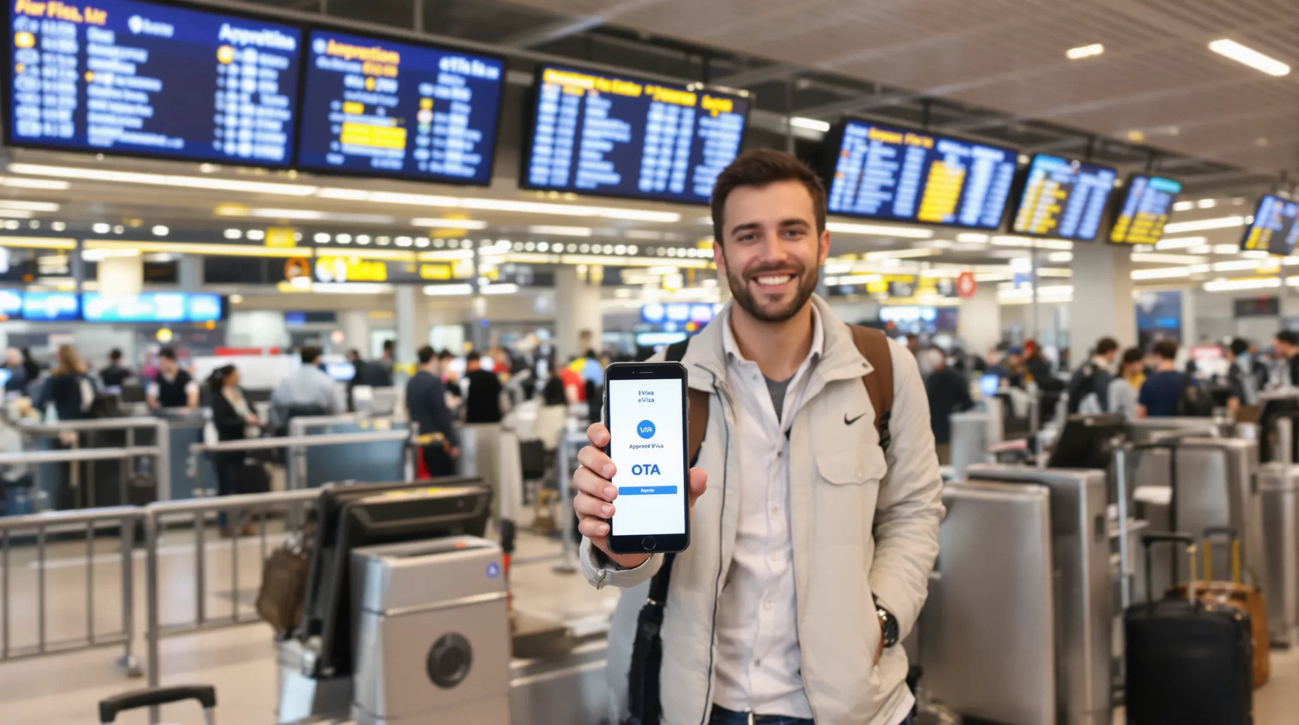 Illustration of a smiling traveler holding an approved eVisa on a smartphone at an airport check-in desk, with an OTA logo subtly visible on the screen. The background shows departure boards and bright ambient light.