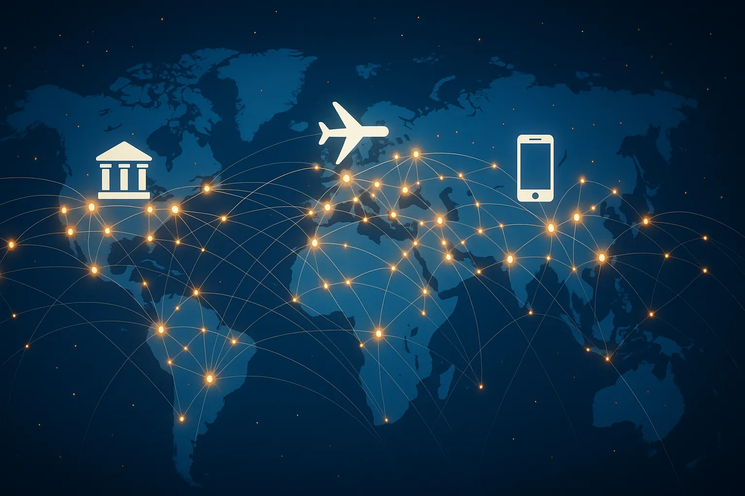 Illustration of a world map overlaid with glowing nodes connected by lines, representing data flow between governments, airlines, and travelers’ smartphones.