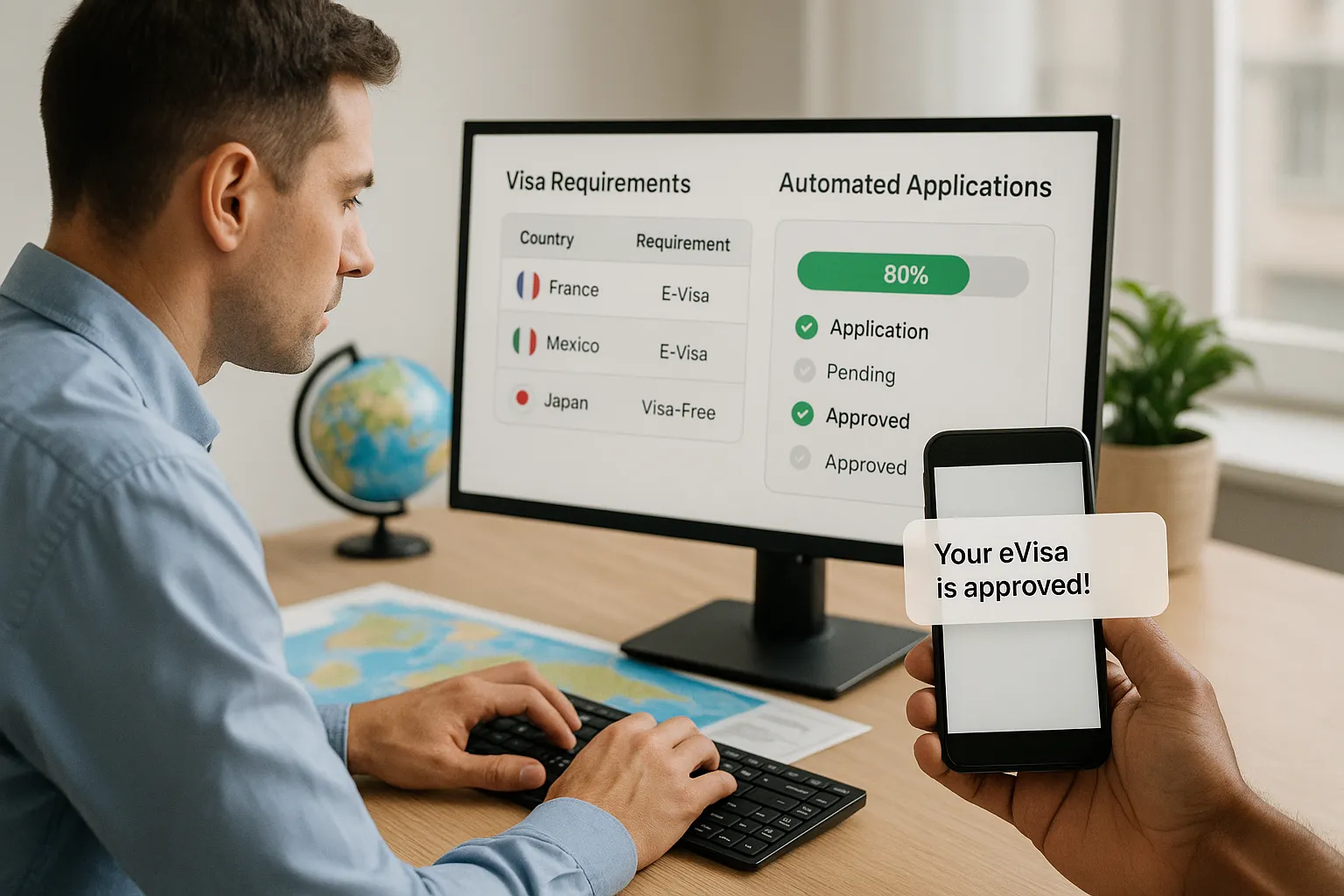 Illustration of a travel agent using a dashboard that displays real-time visa requirements and a progress bar for automated applications, while a traveler on a smartphone gets a push notification saying “Your eVisa is approved!”