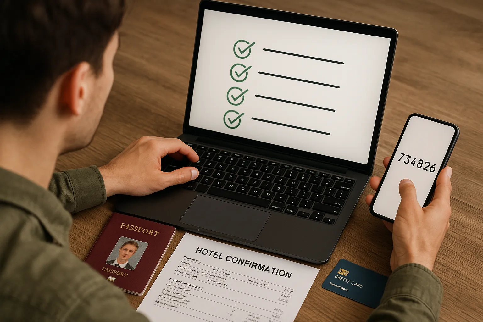 A traveler sitting at a laptop with neatly arranged documents: passport open to the ID page, printed hotel confirmation, credit card, smartphone showing a code, and a checklist on screen being ticked off one item at a time.