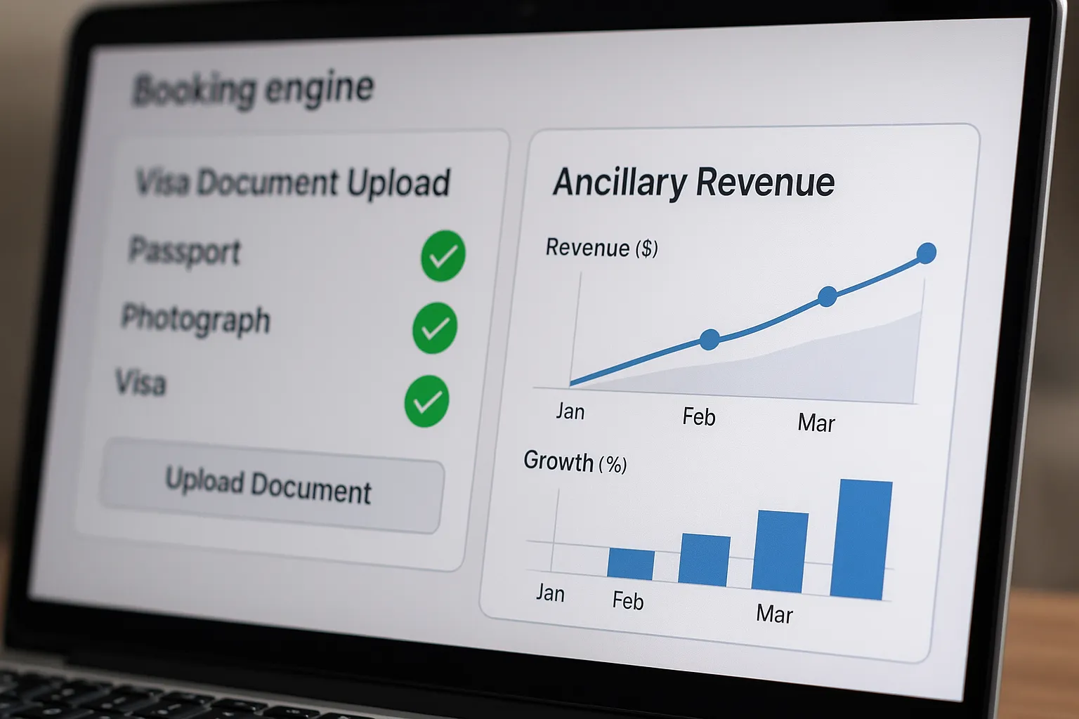 Illustration of a booking engine screen where a visa document upload widget shows green checkmarks, alongside analytics graphs displaying ancillary revenue growth.