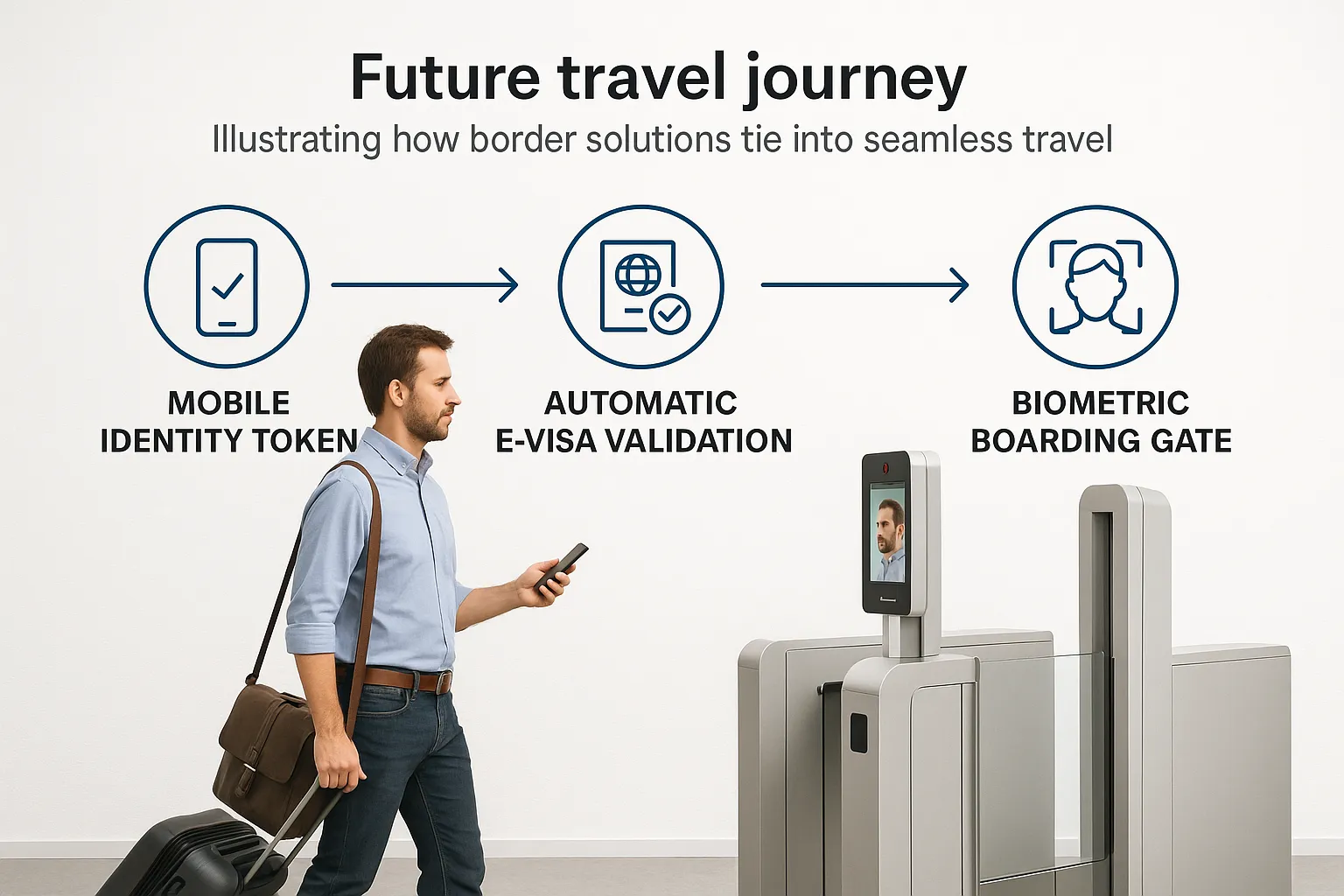 Diagram showing a future travel journey: mobile identity token, automatic e-visa validation, biometric boarding gate, illustrating how border solutions tie into seamless travel.
