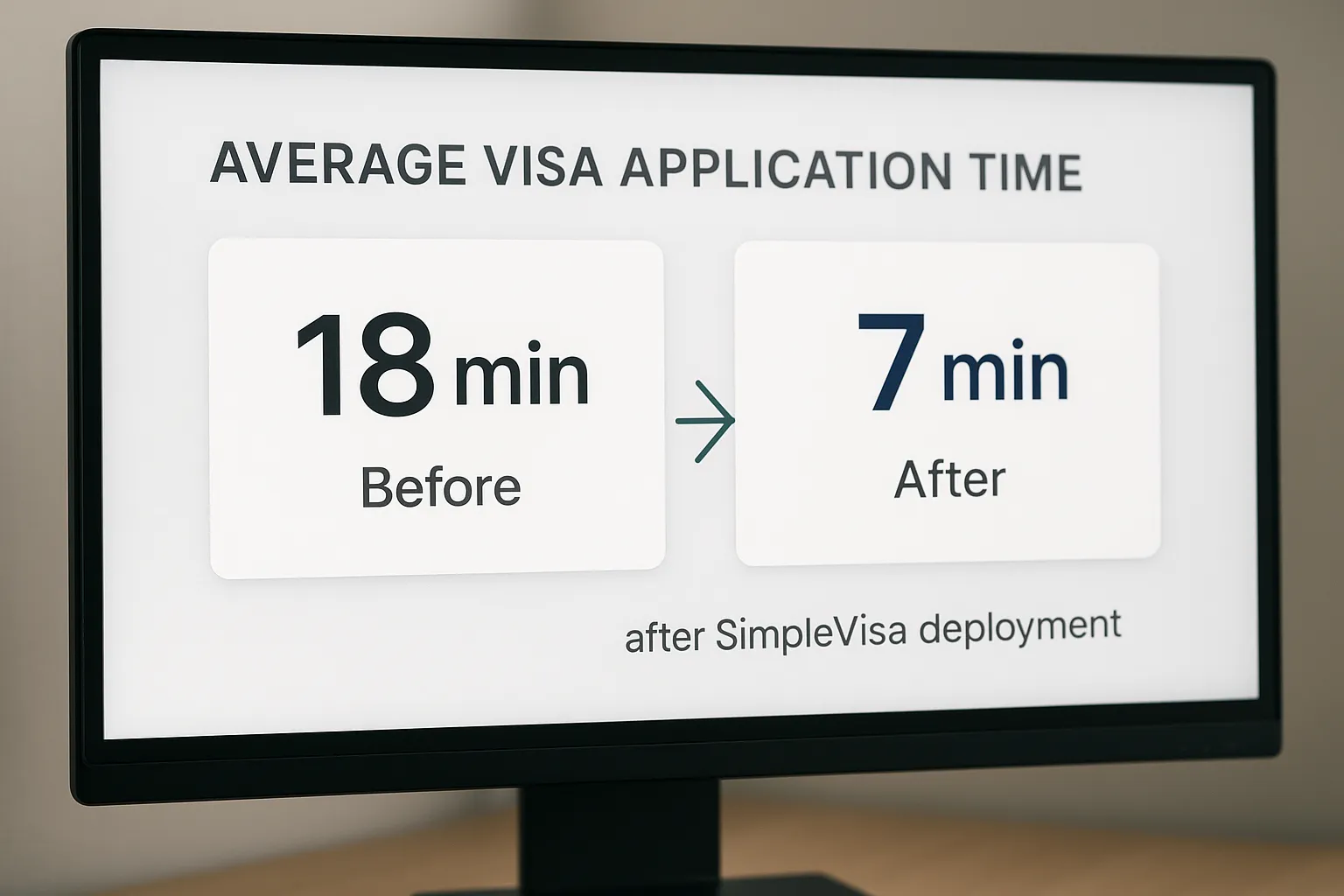 Dashboard mock-up showing average visa application time dropping from 18 minutes to 7 minutes after SimpleVisa deployment.