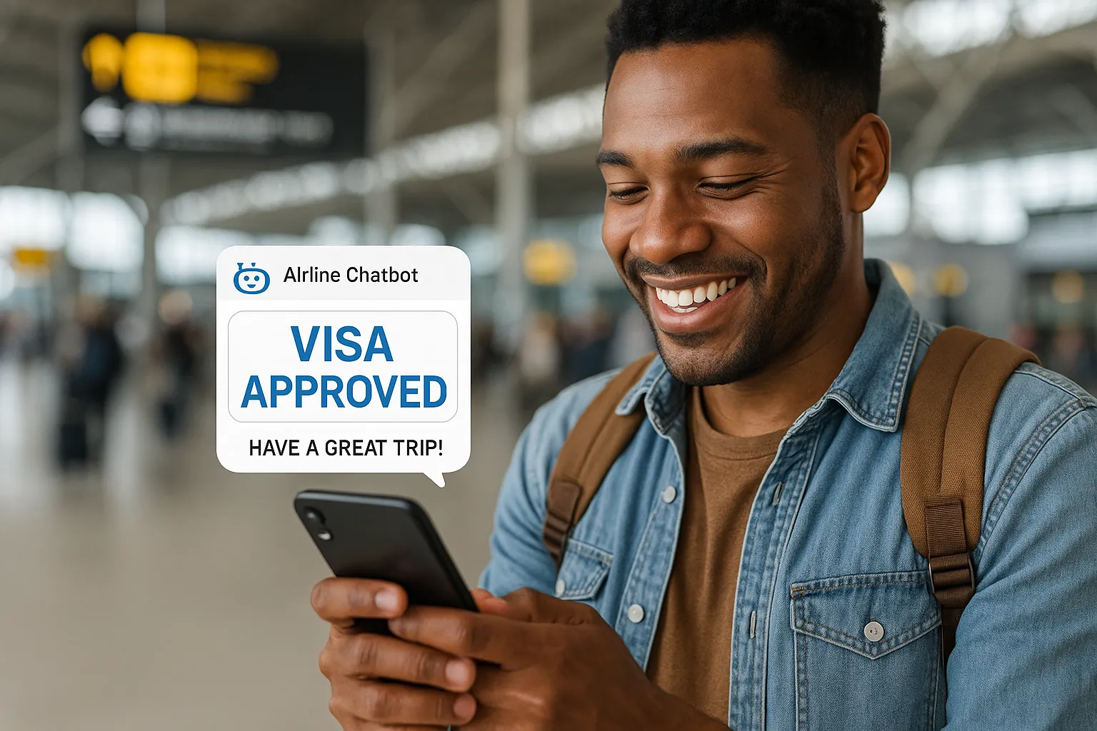Smiling traveler interacting with an airline chatbot that displays “Visa Approved—Have a Great Trip!”