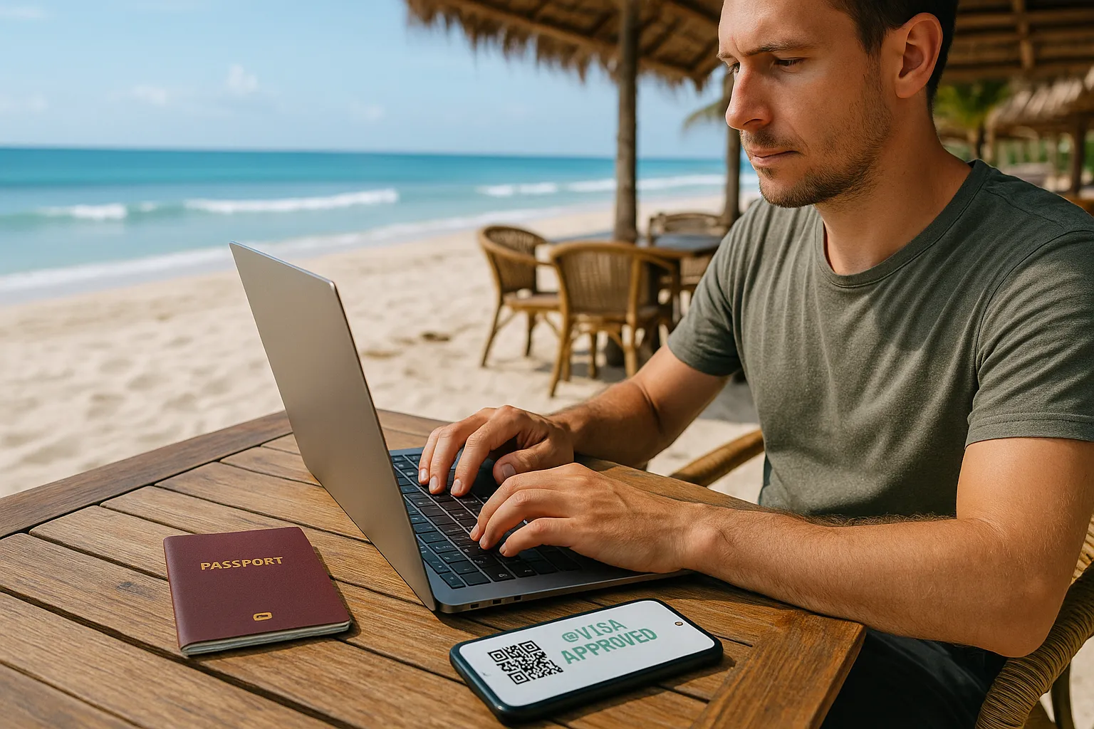Digital nomad typing on a laptop at a beach café, with a passport and smartphone showing an approved eVisa QR code on screen.