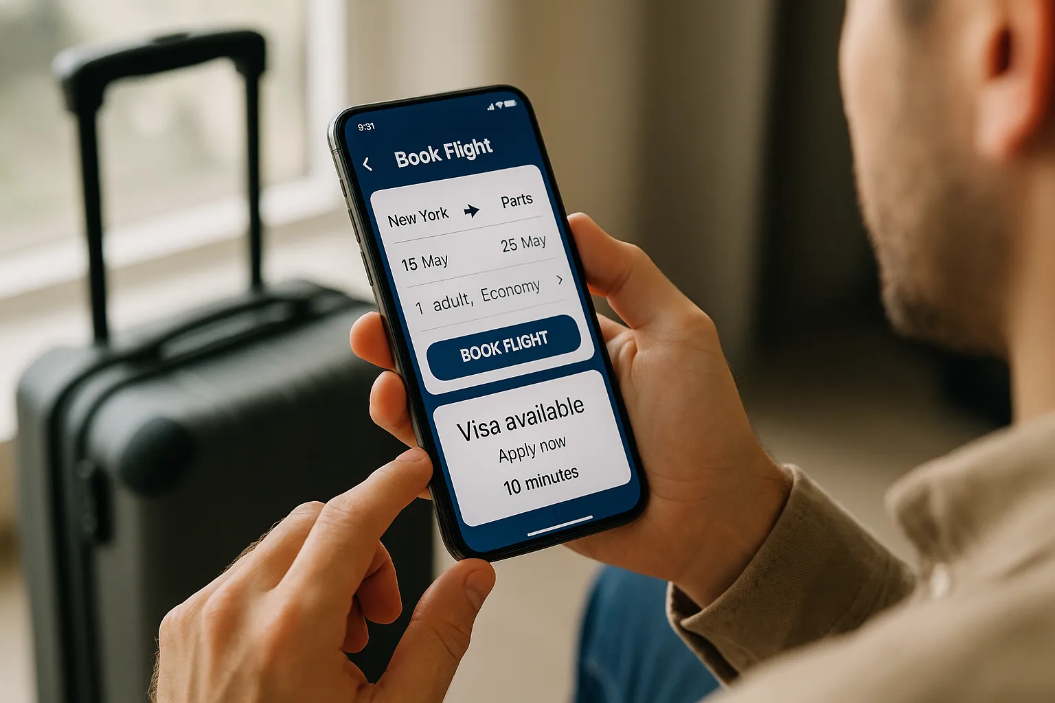 Illustration of a traveler completing flight booking on a mobile app while an embedded widget shows 'Visa available: Apply now – 10 minutes'.