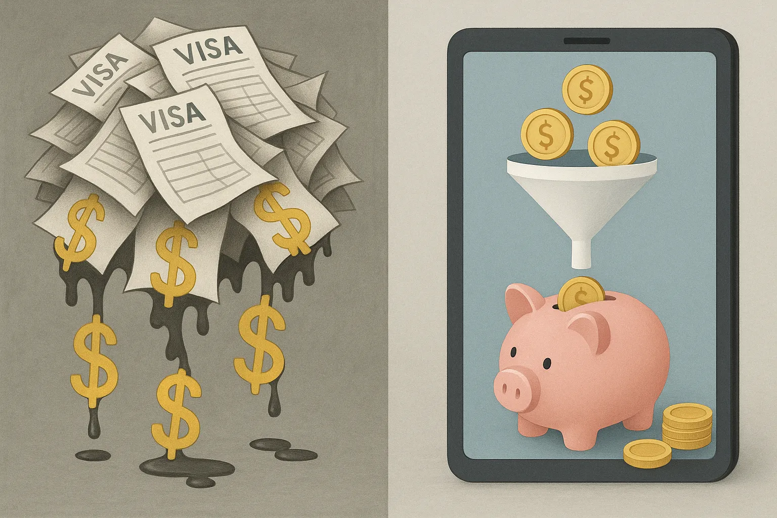 Illustration showing a tangled pile of paper visa forms morphing into leaking dollar symbols, contrasted with a clean digital interface funneling coins into a piggy bank, symbolising hidden costs versus savings through automation.
