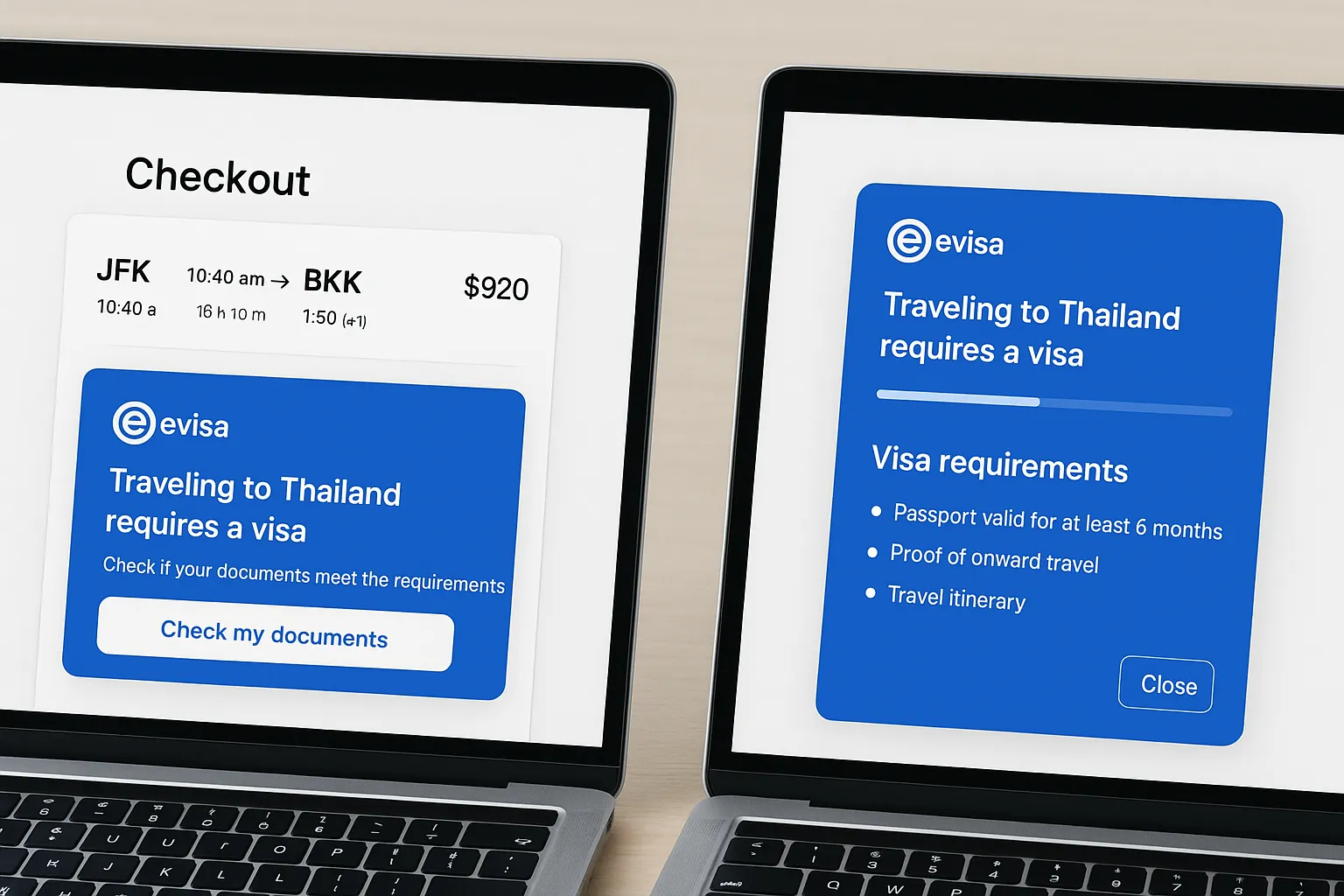 Illustration of a travel website checkout page where a sleek blue eVisa widget sits below flight details, showing a “Check my documents” button. The adjacent screen enlarges the widget, displaying visa requirements and a progress bar, visually demonstrating how easily the tool integrates into existing booking flows.