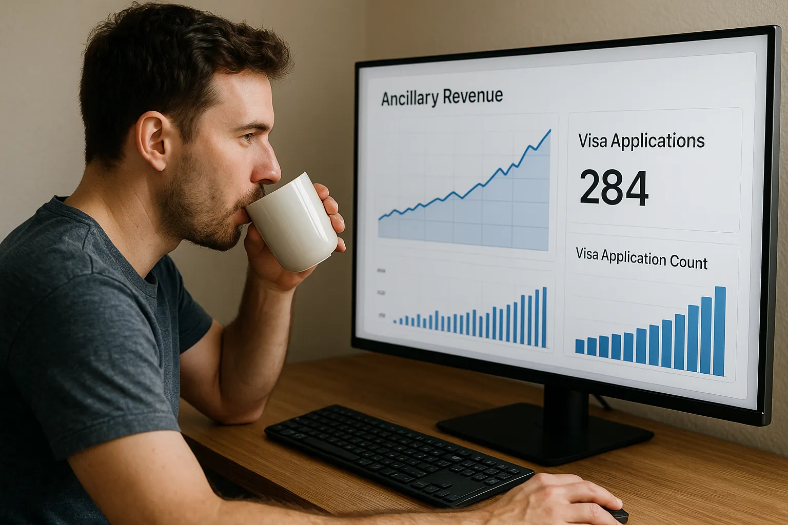 A web developer sipping coffee while monitoring a dashboard on a large screen that shows rising “Ancillary Revenue” graphs next to real-time visa application counts, symbolising the business impact of adding the SimpleVisa widget.