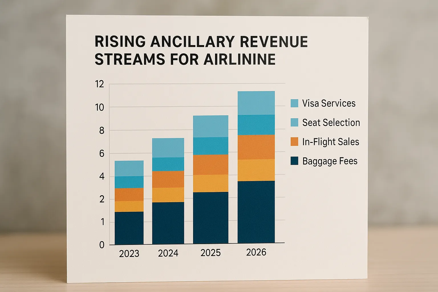 Illustrative bar chart showing rising ancillary revenue streams for an airline, with 'Visa Services' growing fastest between 2023 and 2026.