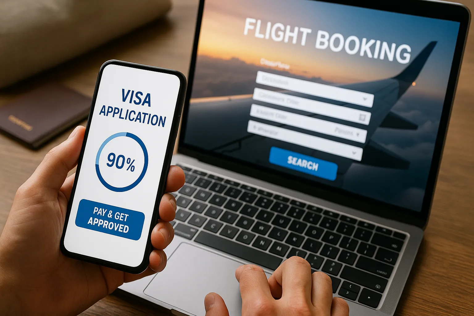 A traveler completing a visa application on a smartphone while booking a flight on a laptop, with a progress bar showing 90 % completion and a 'Pay & Get Approved' button.