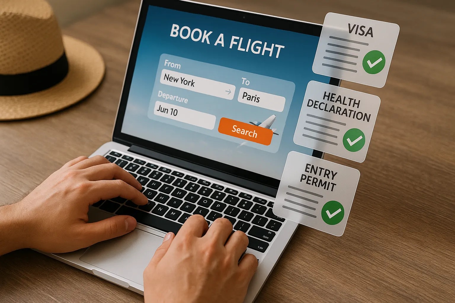 Illustration of a traveler booking a flight on a laptop while an automated system overlays required visas, health declarations, and entry permits, showing instant validation and green check marks for compliance.