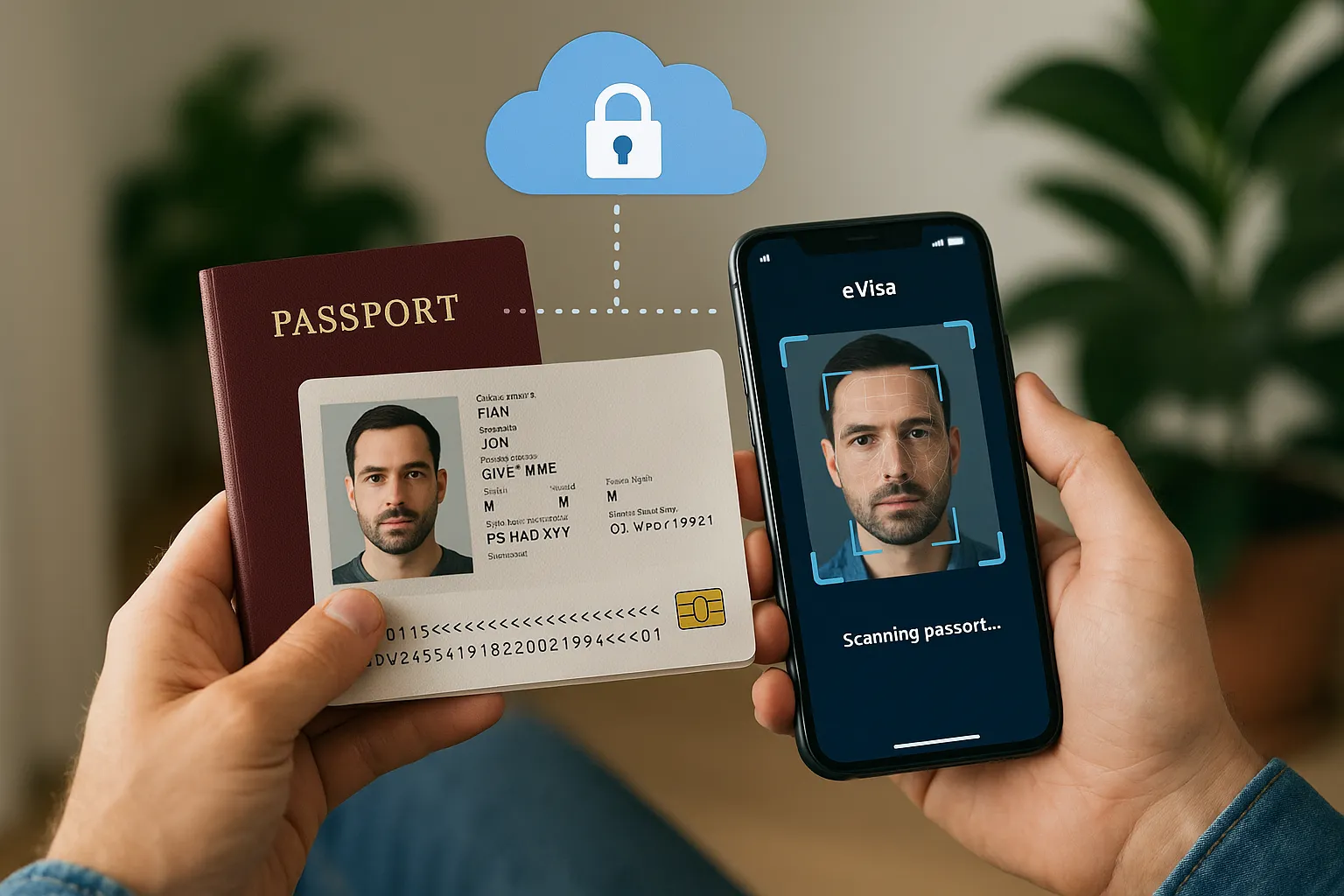 Illustration of a traveler using a smartphone to scan their biometric passport, while a secure cloud server validates facial recognition and NFC chip data, symbolizing multi-layer biometric verification in an eVisa app.