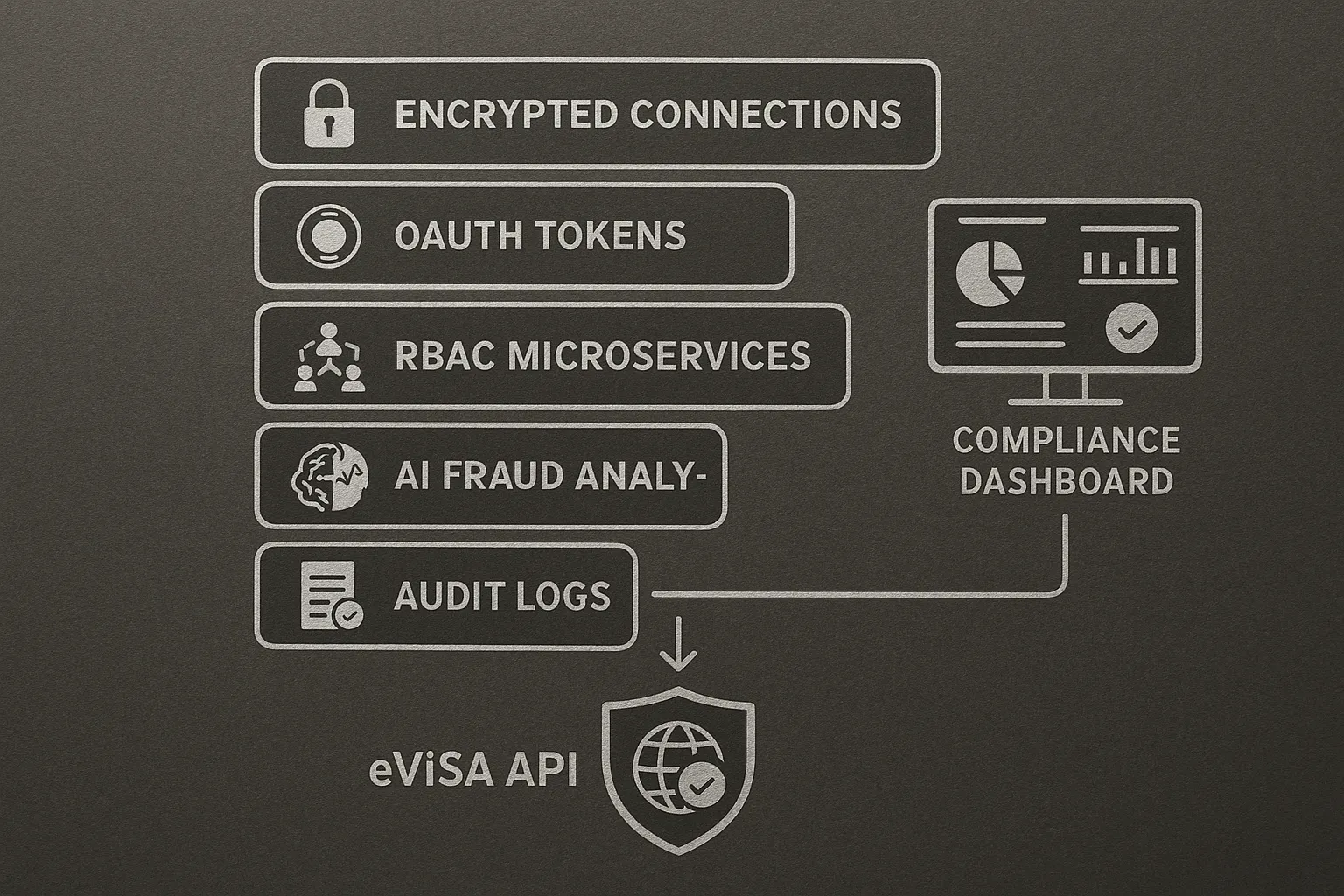 Diagram showing layered security around an eVisa API: encrypted connections, OAuth tokens, RBAC microservices, AI fraud analytics, and audit logs feeding into a compliance dashboard.