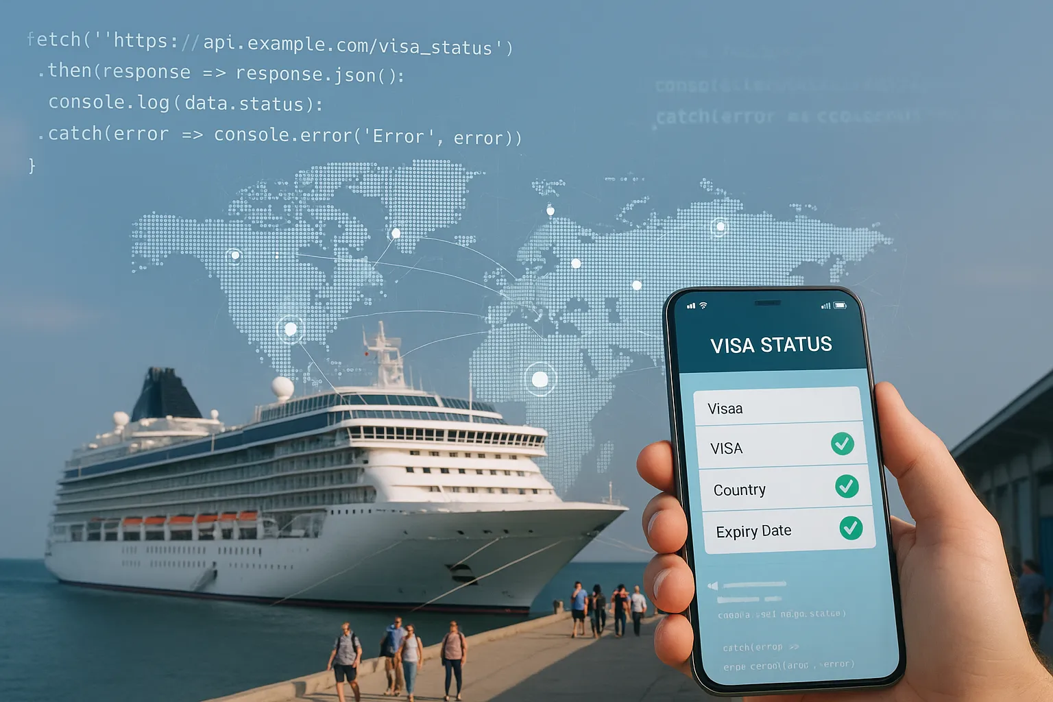 Graphic showing a modern cruise ship at port while passengers use a mobile app displaying real-time visa status ticks, with an overlay of API code and world map nodes.