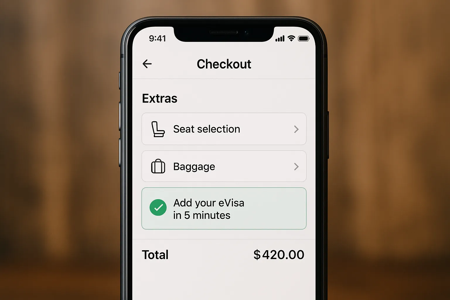 Mockup of a mobile airline checkout screen showing a list of extras—seat selection, baggage, and a highlighted “Add your eVisa in 5 minutes” option with a green checkmark icon.