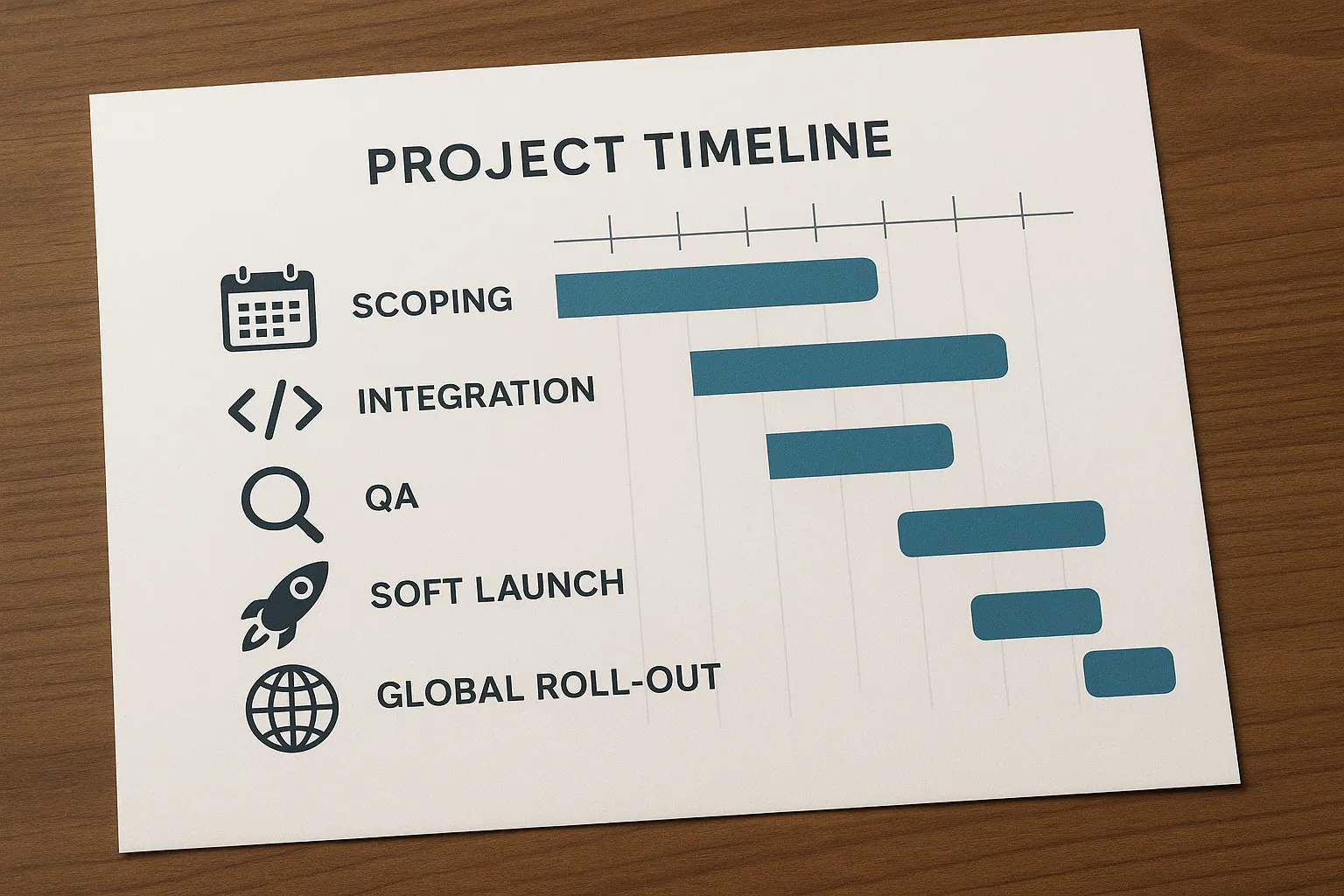 Illustration of a project timeline Gantt chart with phases: Scoping, Integration, QA, Soft Launch, Global Roll-out, each represented with icons of calendar, code brackets, magnifying glass, rocket, and globe.