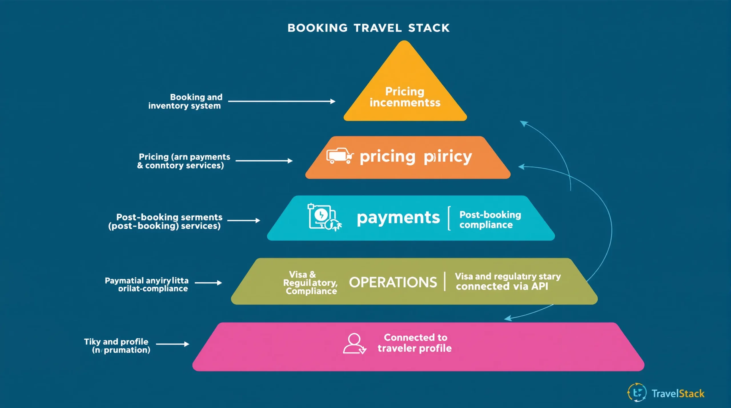 Stylized diagram of a modern travel tech stack pyramid. The base shows booking and inventory systems, with successive layers for pricing, payments, post-booking services, operations, and at the top a highlighted layer for visa & regulatory compliance connecting via API to a traveler profile.